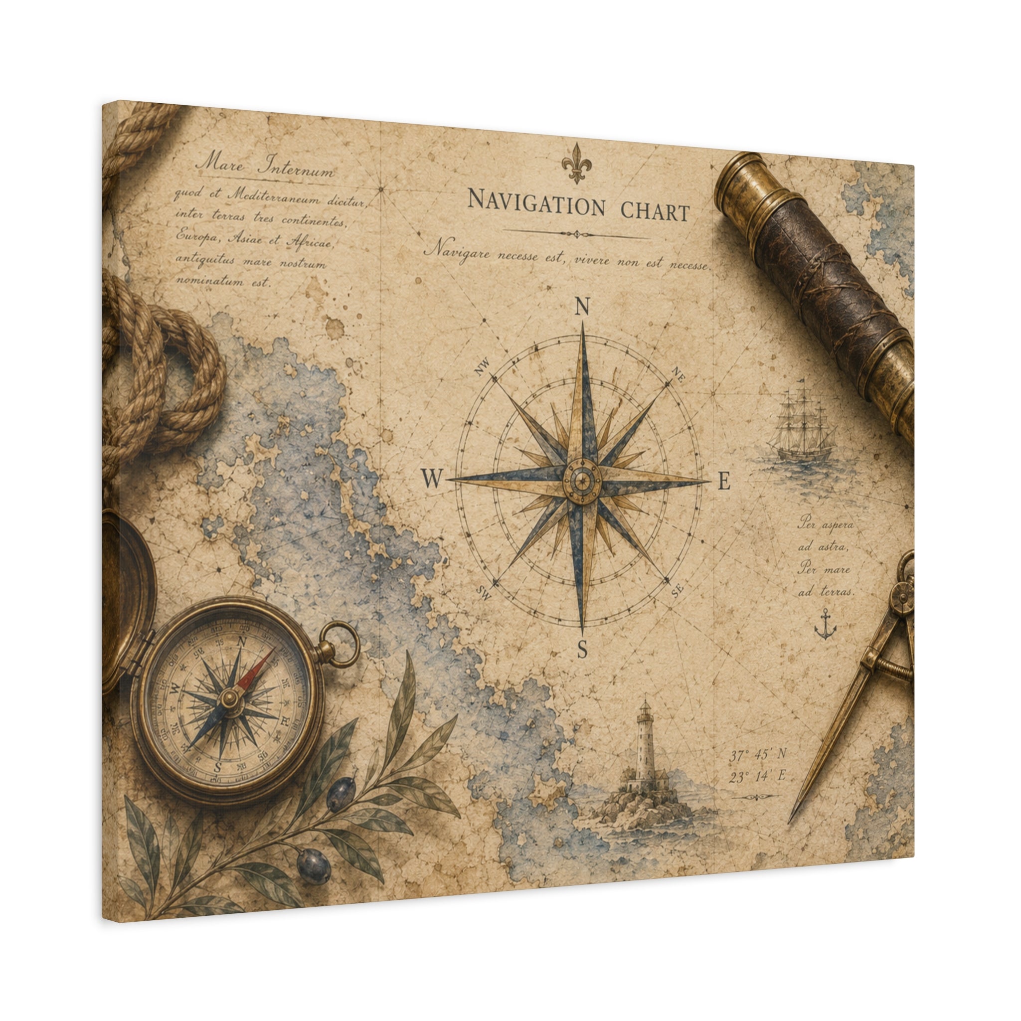 Navigation Chart Wall Art |- Vintage Nautical Map Print - Antique Compass Decor - Mediterranean Maritime Art - Solen Art