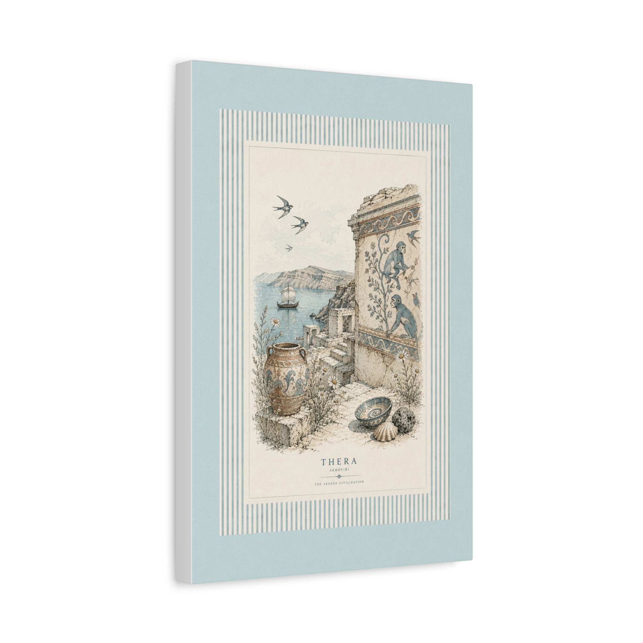 Thera Aegean Fresco Canvas Wall Art | Ancient Minoan Monkey & Ruins Illustration | Coastal Blue Home Decor, Solen