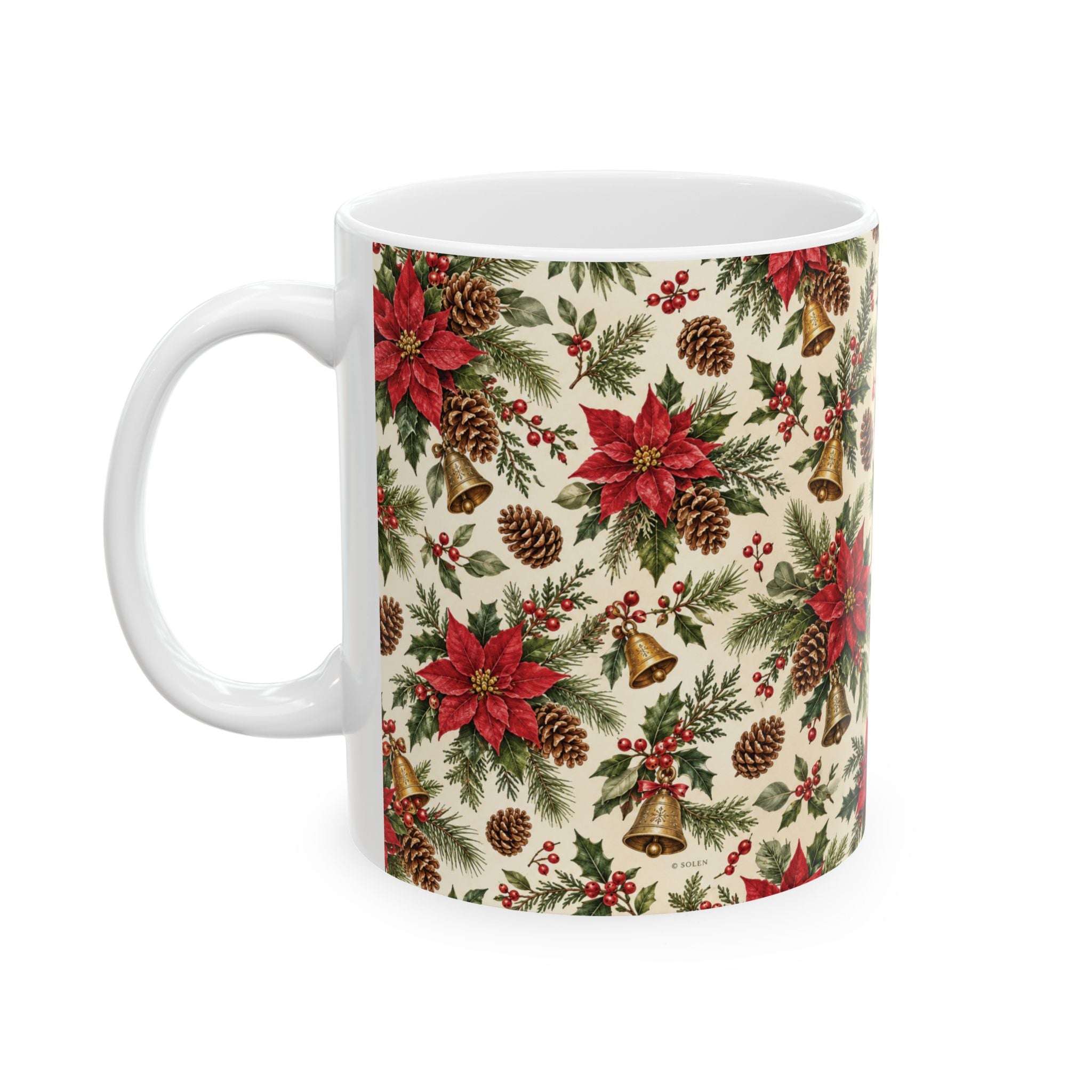Poinsettia & Pinecone Christmas Mug – Festive Holiday Ceramic Coffee Cup (11oz, 15oz)
