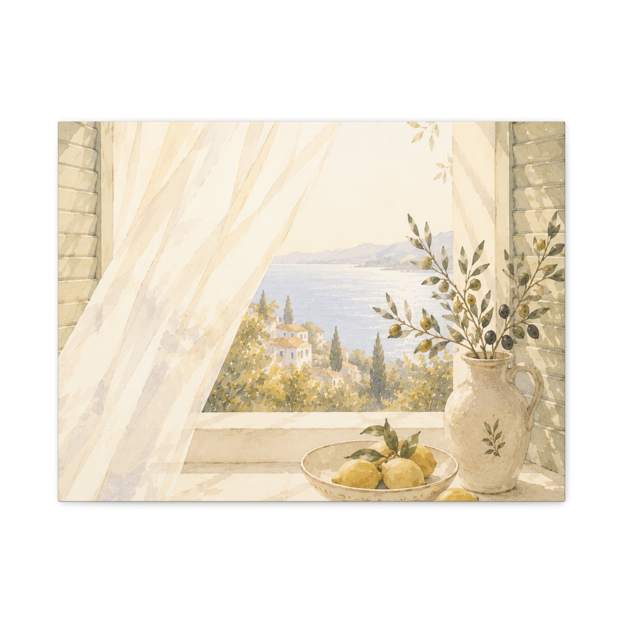 Golden Morning Window Canvas Wall Art, Mediterranean Lemon & Olive Print, Sunlit Linen Curtain Coastal Decor, Window Stories, Solen