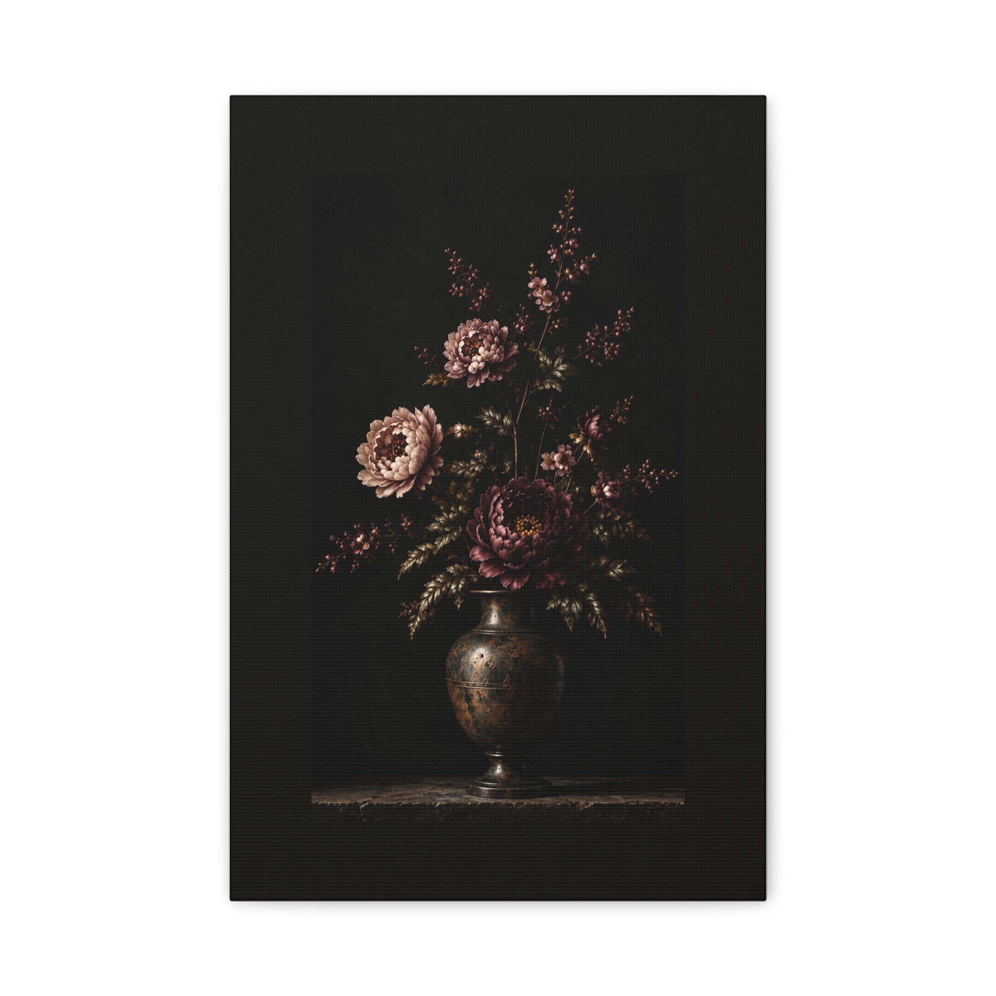 Dark Floral Canvas Wall Art, Antique Bronze Vase with Peonies, Moody Botanical Still Life on Black, Vintage Flower Wall Decor, Solen