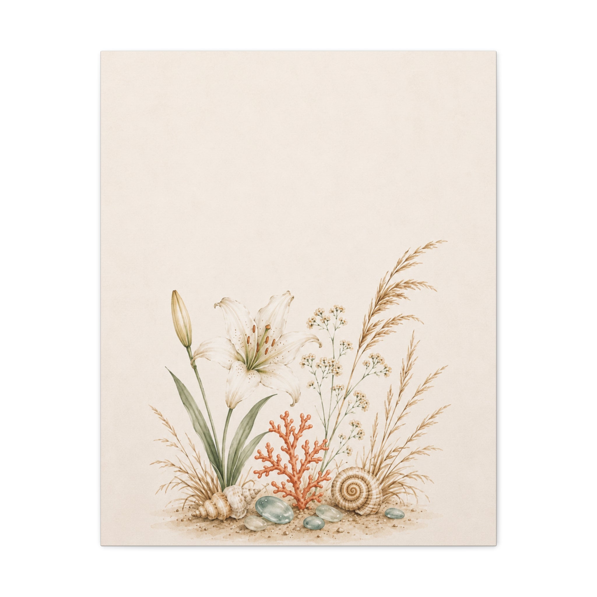 Coastal Meadow Canvas Wall Art, Botanical Seashell Print, Beach Cottage Decor, Neutral Coastal Living Room Art, Solen