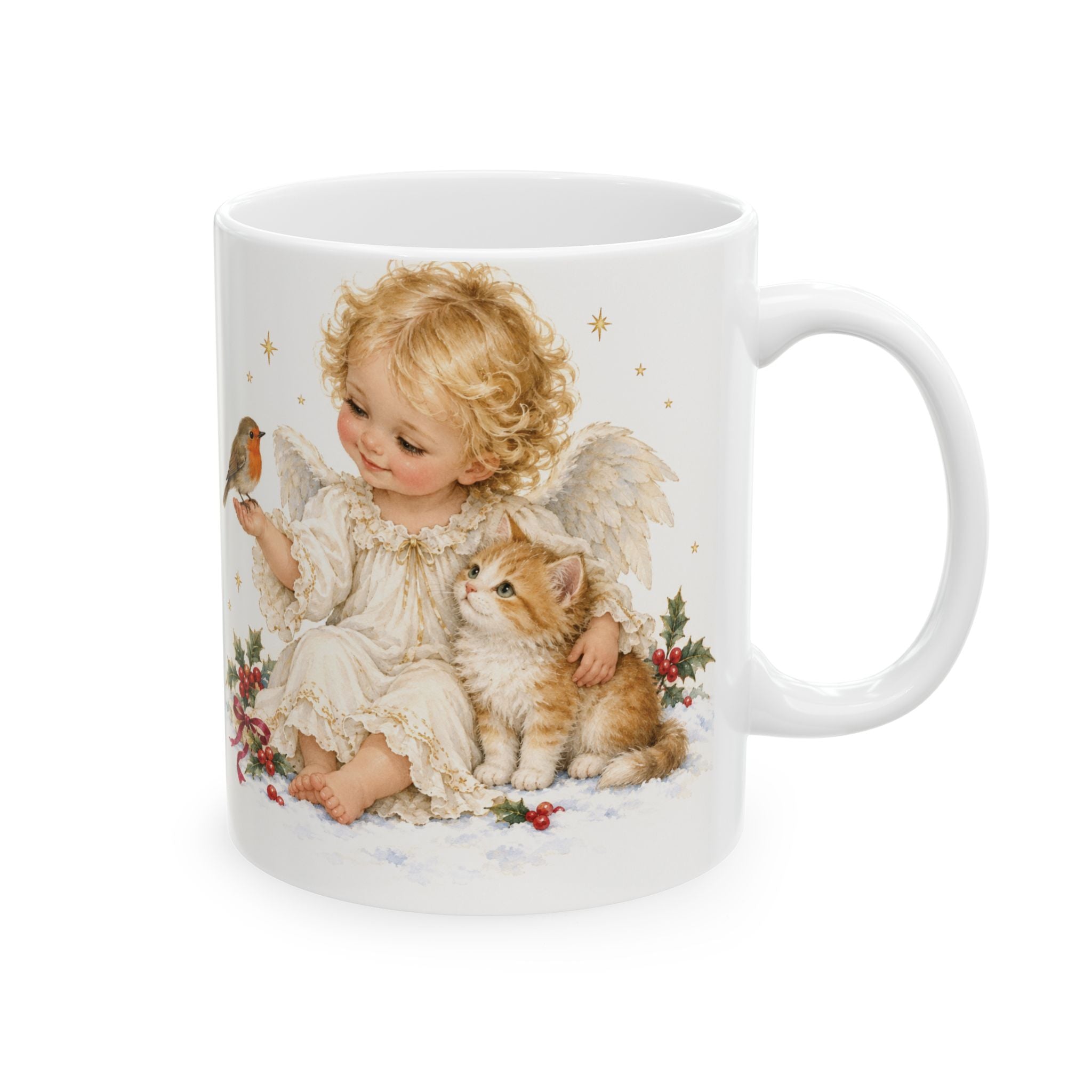 Angel & Robin Ceramic Mug — Vintage Christmas Holiday Coffee Cup (11oz, 15oz)