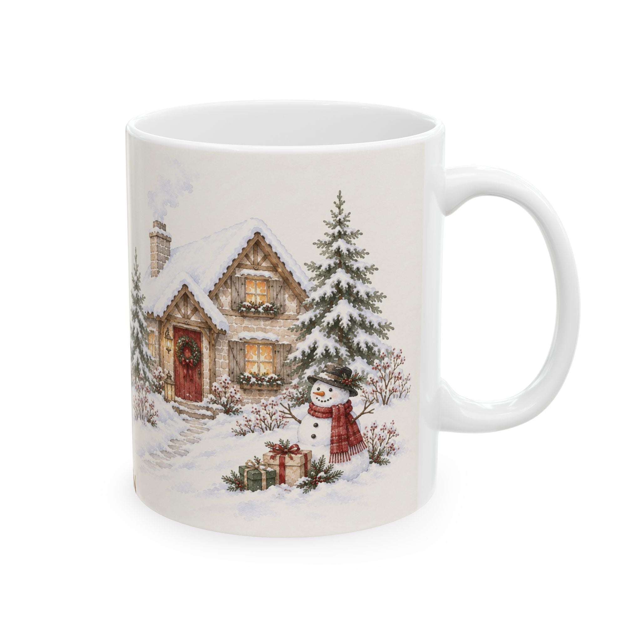 Winter Cottage Ceramic Mug – Cozy Snowy Cabin Coffee Cup (11oz & 15oz)