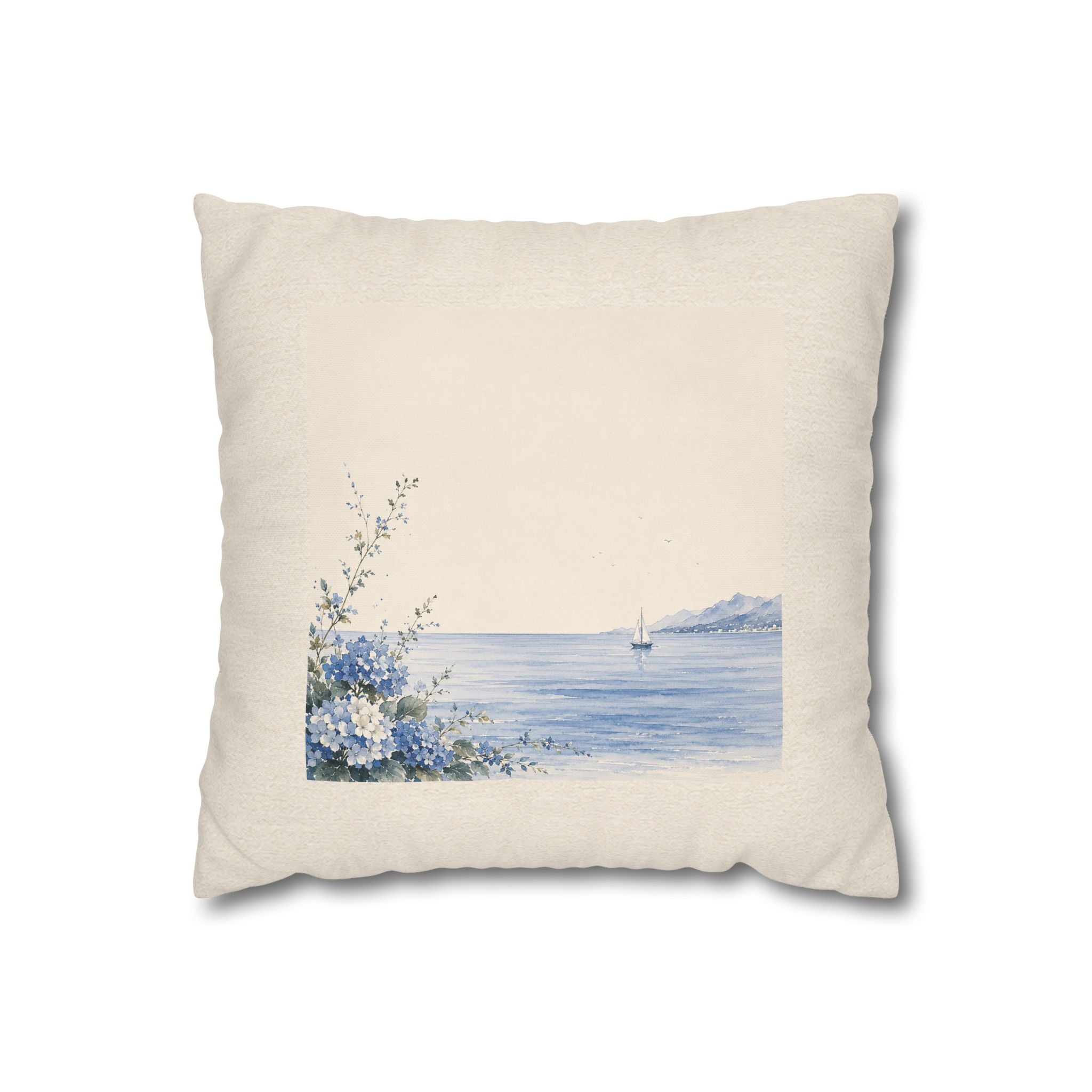 Coastal Watercolor Pillowcase — Blue Seaside Sailboat Decorative Pillow - Solen