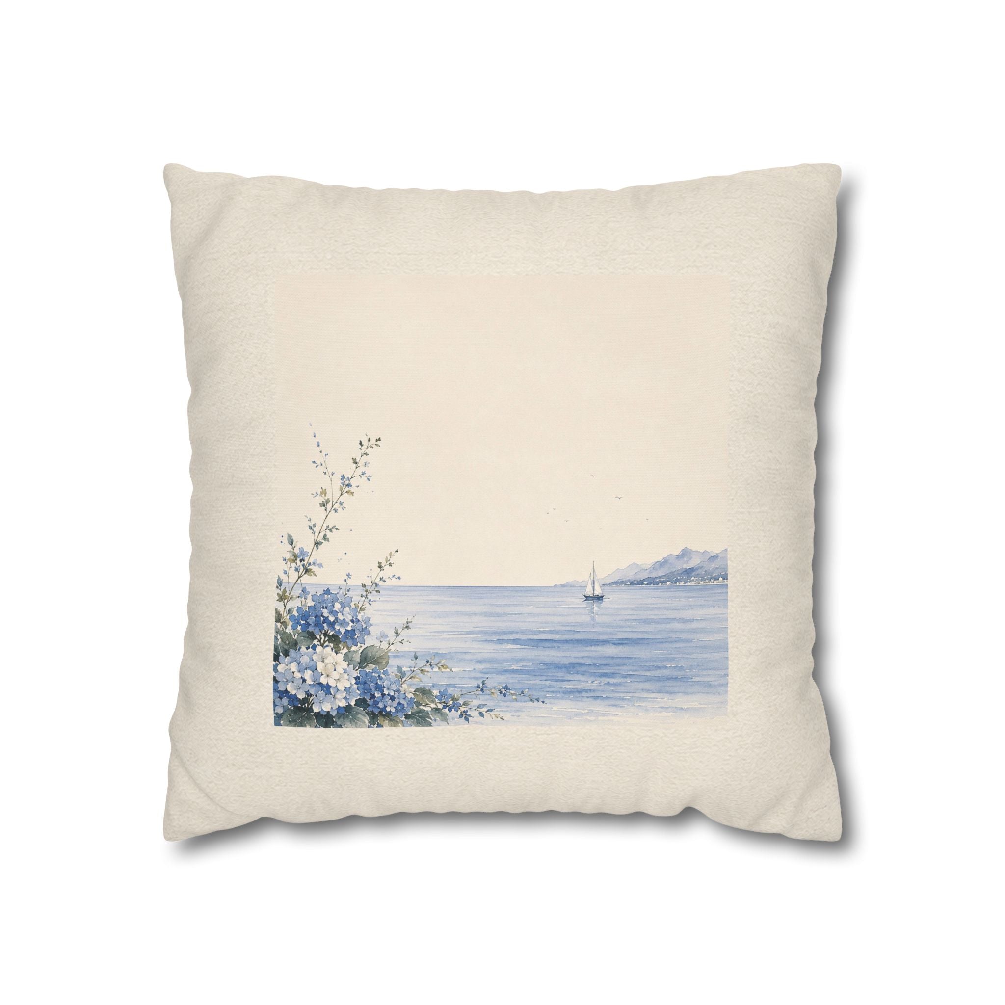 Coastal Watercolor Pillowcase — Blue Seaside Sailboat Decorative Pillow - Solen