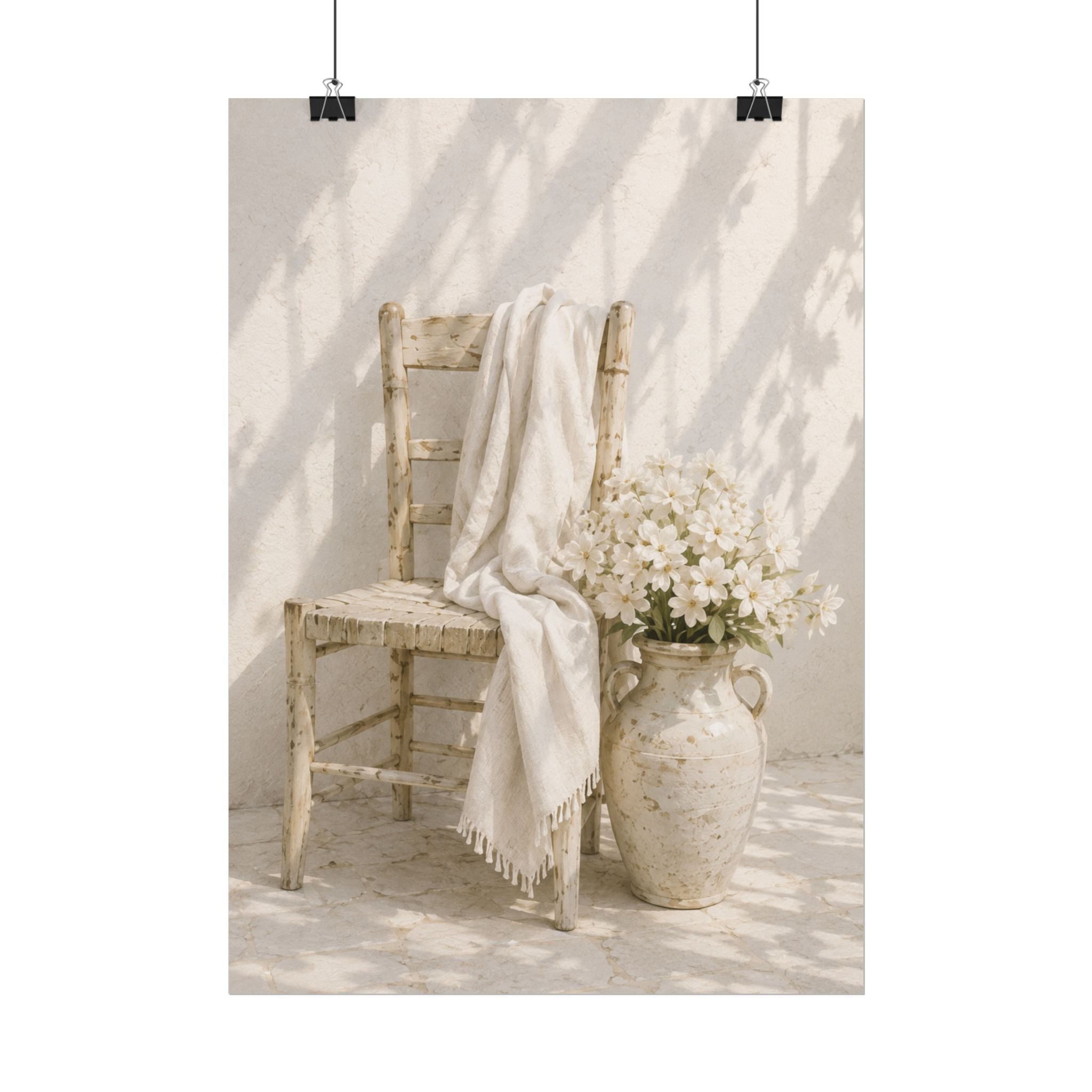 Mediterranean Poster, Neutral Coastal Wall Art, Rustic Chair & White Flowers Print, Minimalist Mediterranean Home Decor, Solen