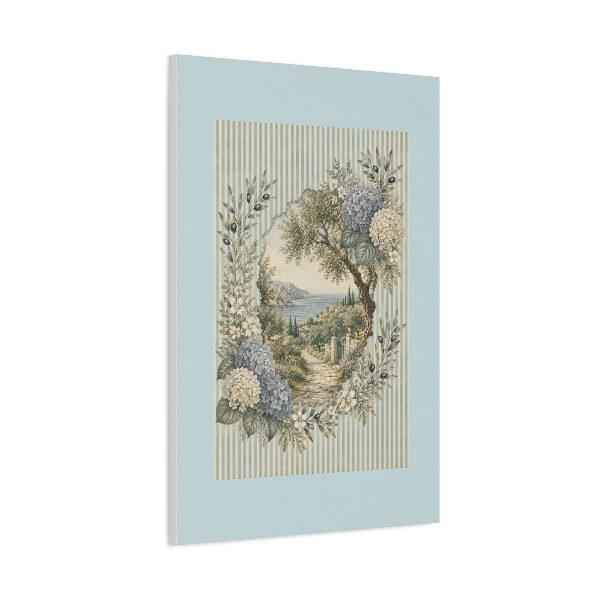 Coastal Garden Canvas Wall Art, Vintage Hydrangea Seaside Landscape Print, Blue Flower Coastal Decor, Cottage Wall Art, Solen