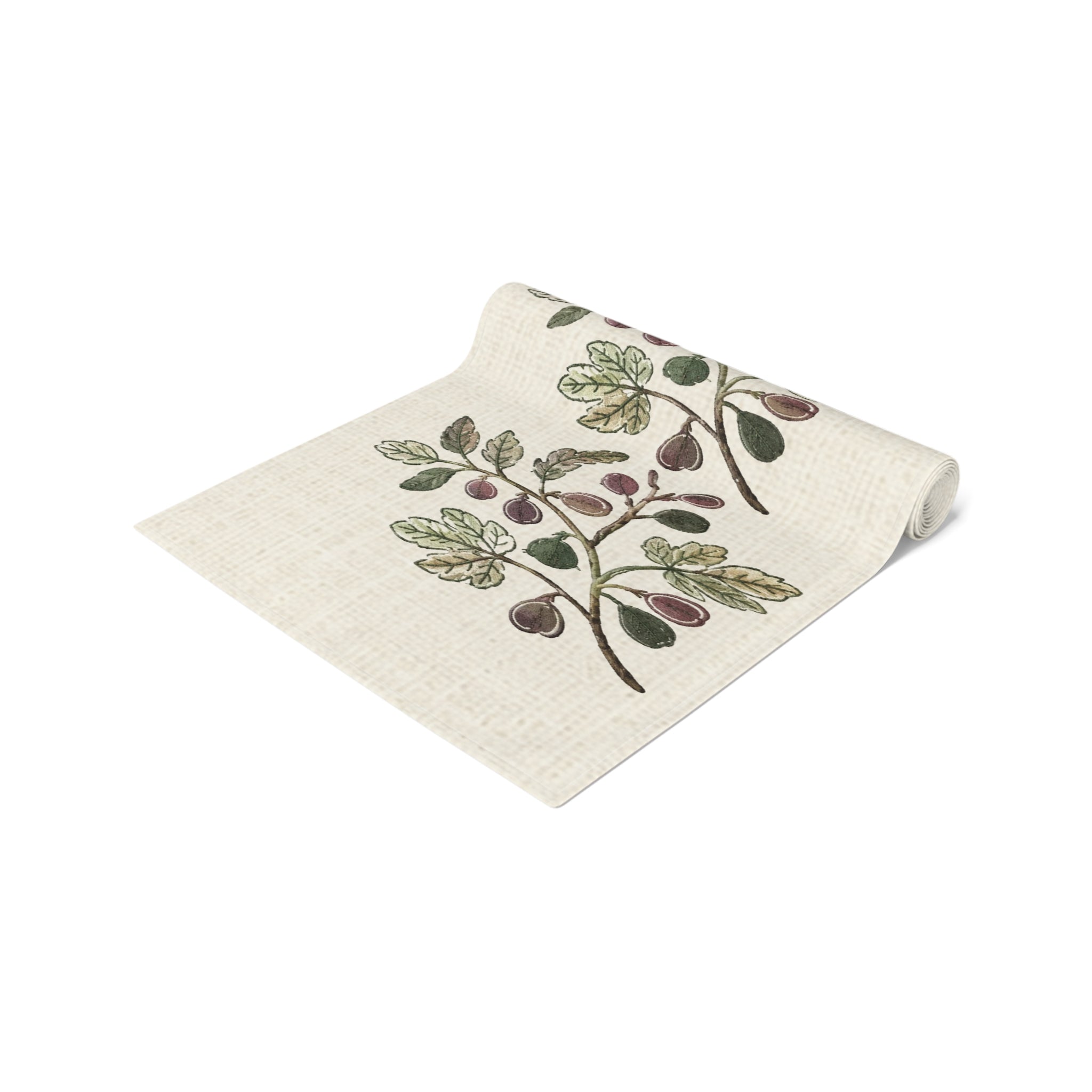 Fig Branch Botanical Table Runner, Cotton Mediterranean Runner, Neutral Fig Tree Kitchen Decor, Rustic Dining Linen, Solen