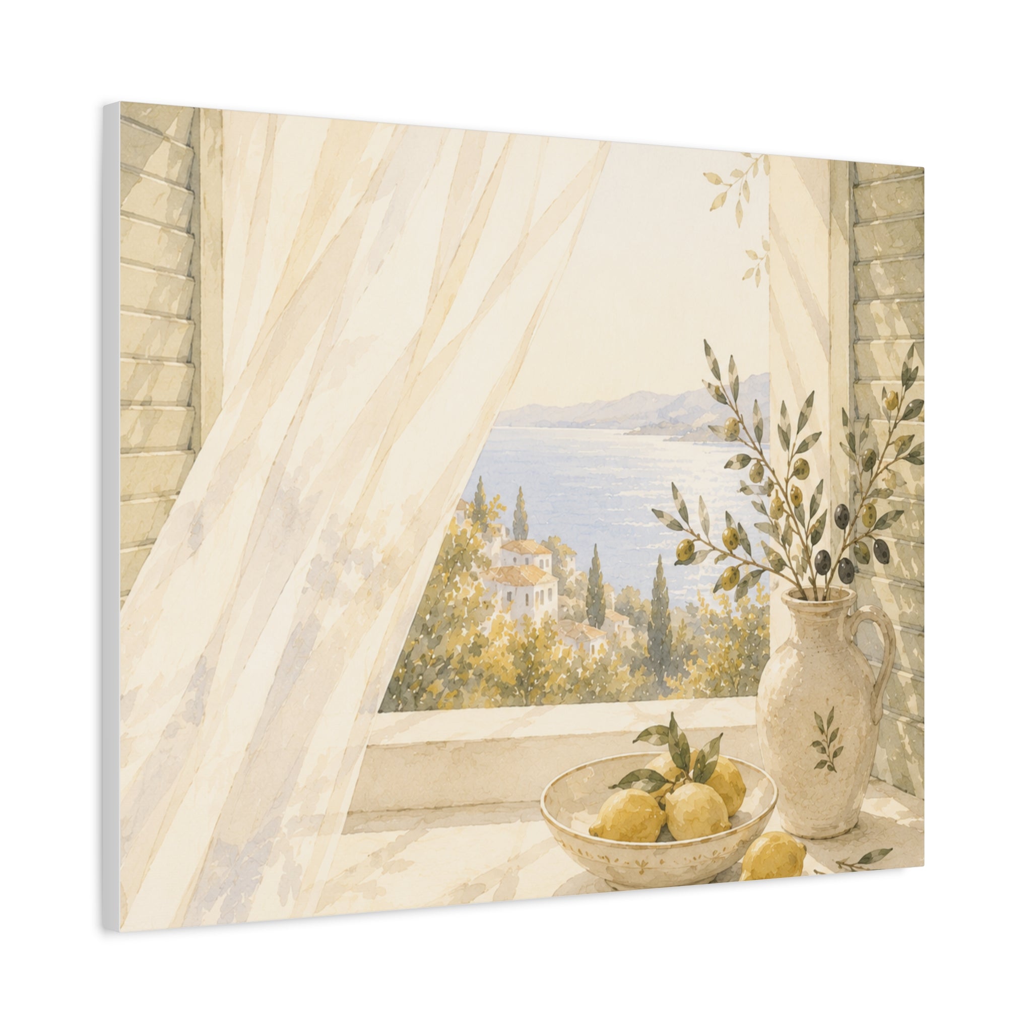 Golden Morning Window —Mediterranean Watercolor Wall Art Canvas — SOLEN ART