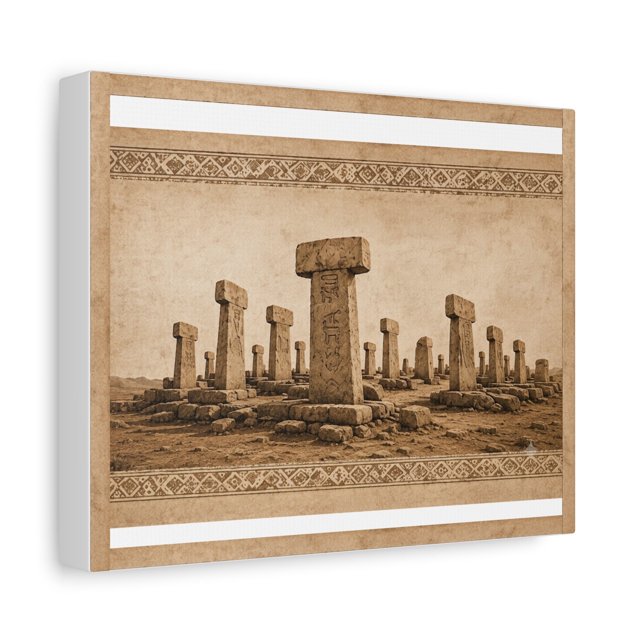 Göbeklitepe Wall Art Canvas, Ancient Stone Pillars Print, Sepia Archaeological Landscape, Anatolian Border Design, Large Wall Decor, Solen