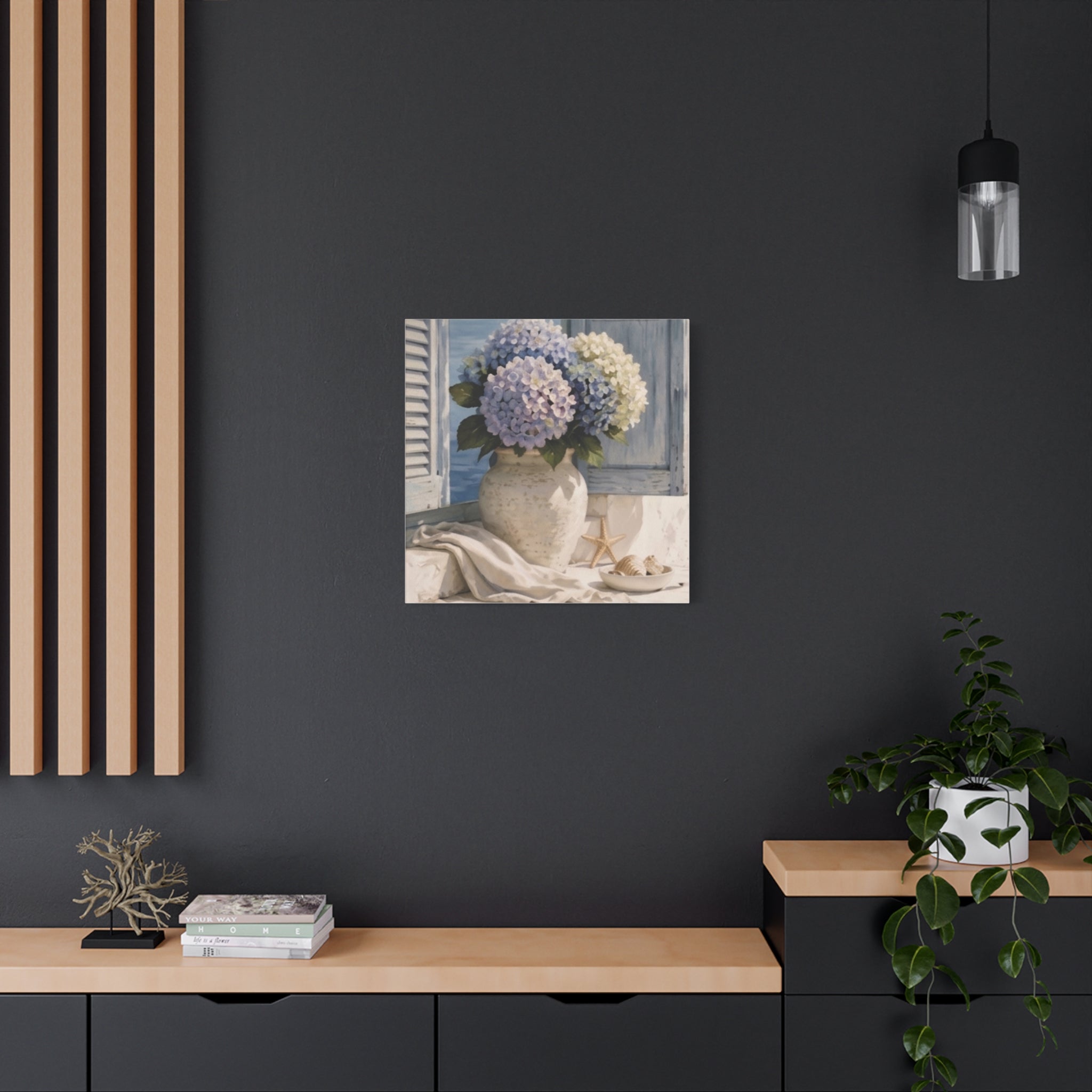 Coastal Hydrangea Canvas Wall Art, Blue Flowers by the Window Print, Mediterranean Seaside Decor, Botanical Living Room Art, Solen
