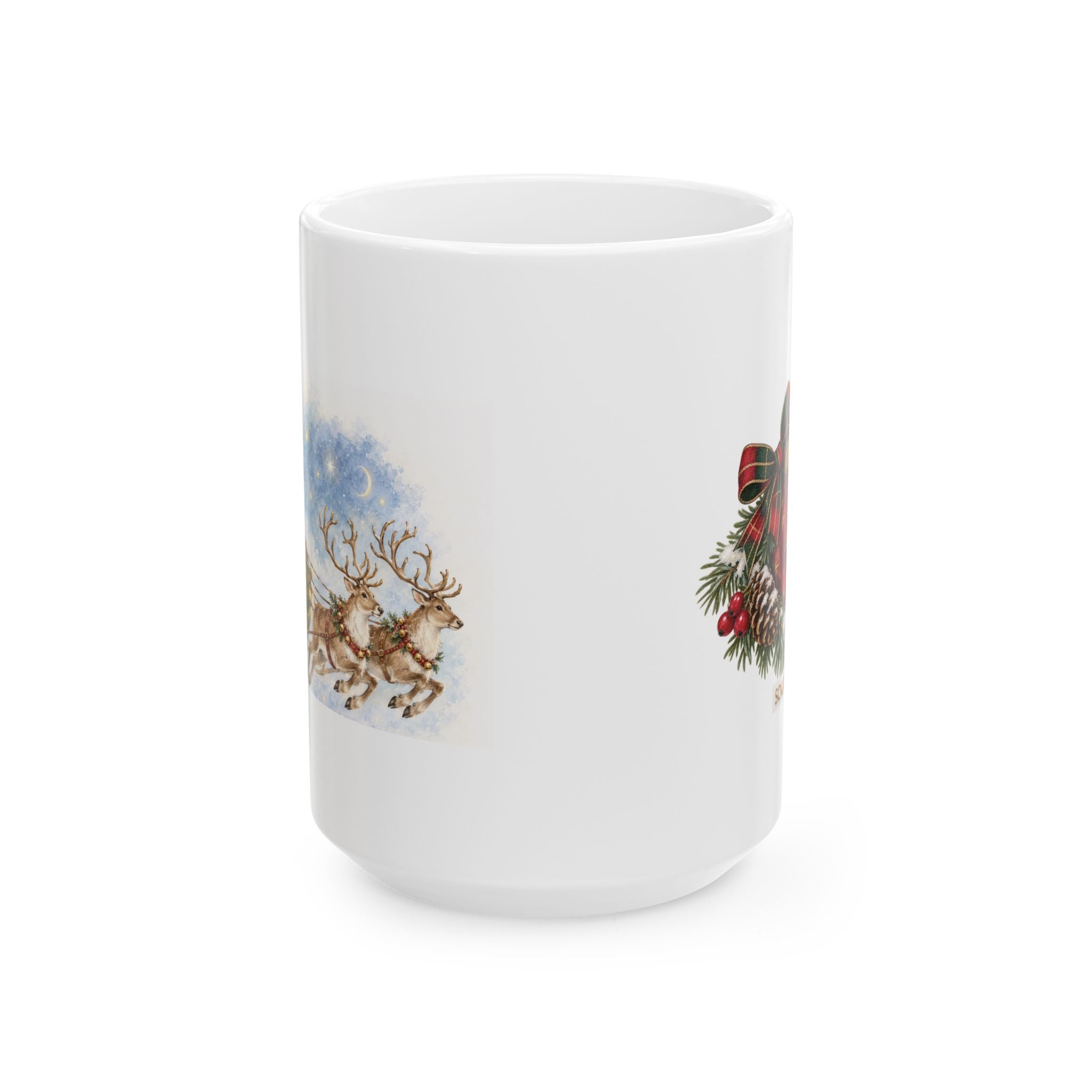 Christmas Reindeer & Wreath Ceramic Mug – Festive Holiday Coffee Cup (11oz, 15oz)