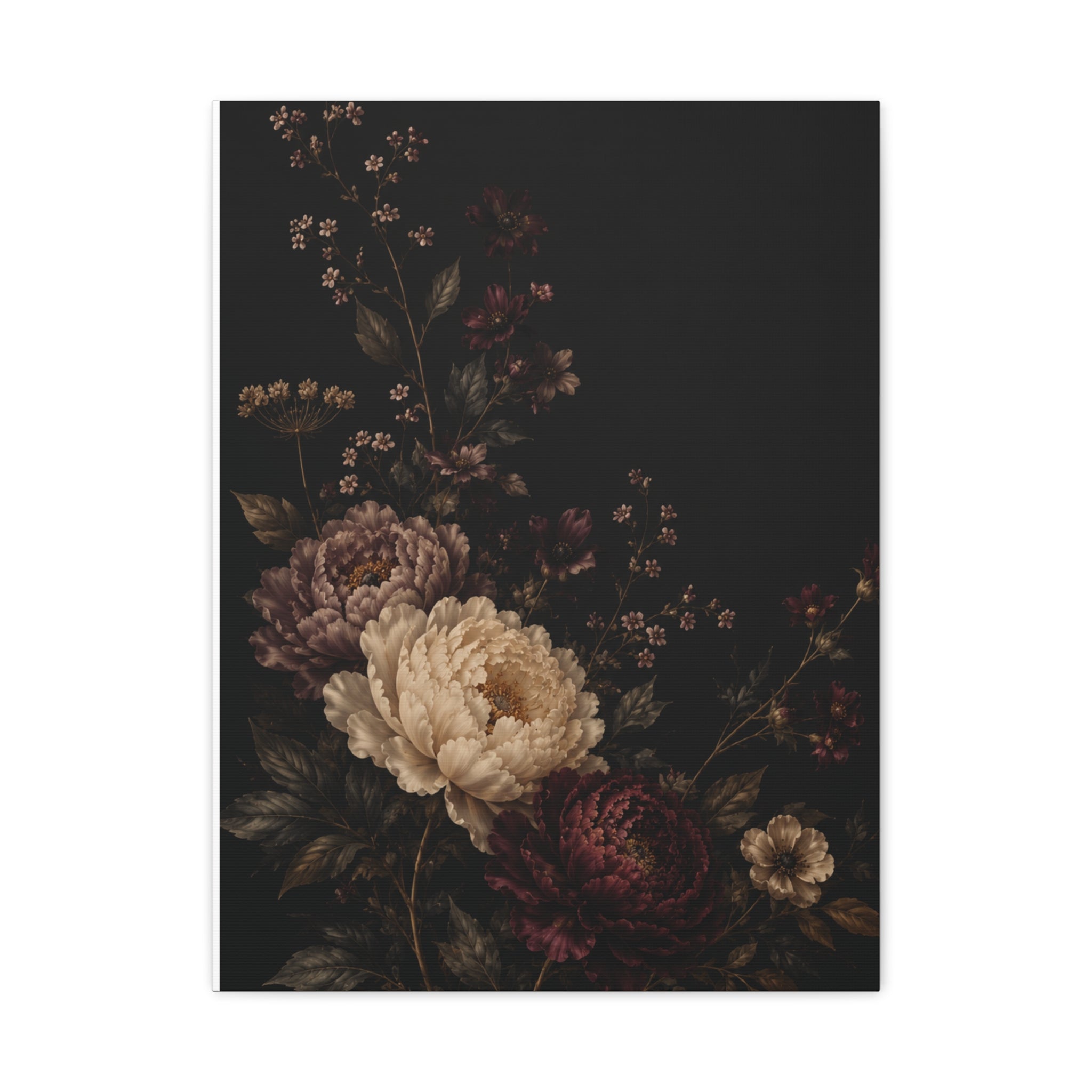 Dark Floral Canvas Wall Art, Ivory & Burgundy Peony Garden, Moody Botanical Painting on Black, Vintage Flower Wall Decor, Solen