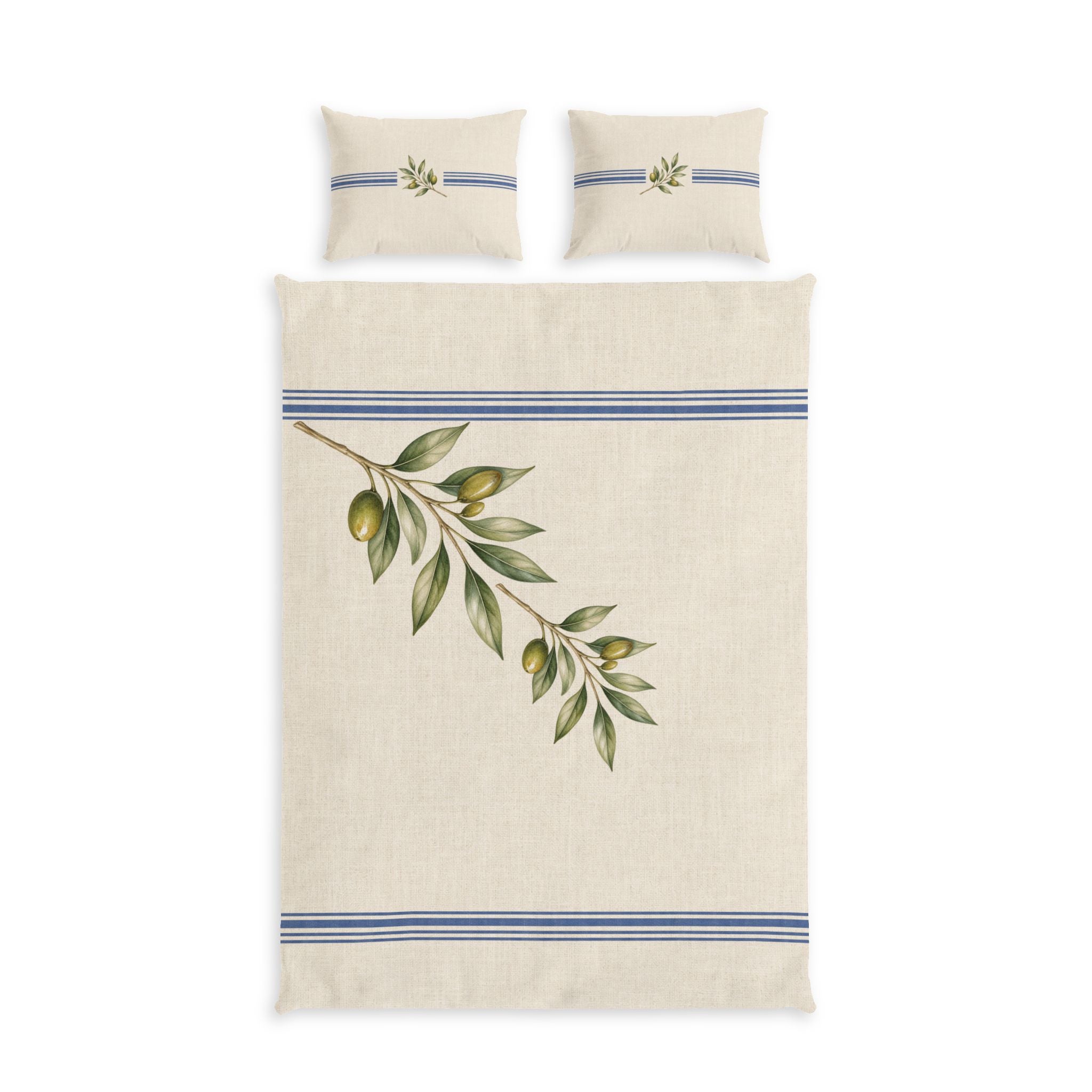 Blue Stripe Olive Branch Duvet Cover Set, Mediterranean Cotton Bedding & Pillow Shams, Coastal Farmhouse Bedroom Decor,©SOLEN