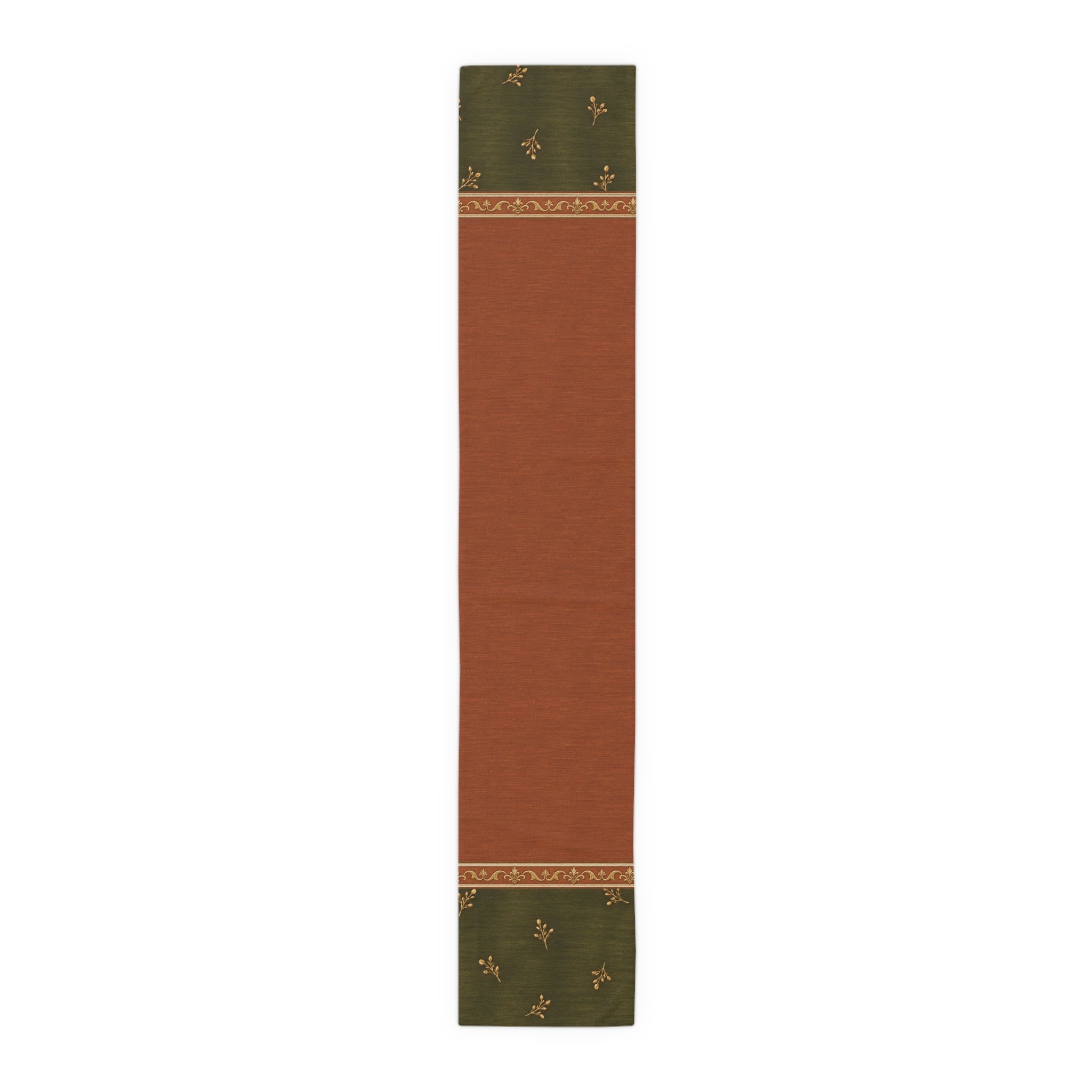 Rustic Olive & Terracotta Table Runner — Floral Border Cotton-Poly Blend