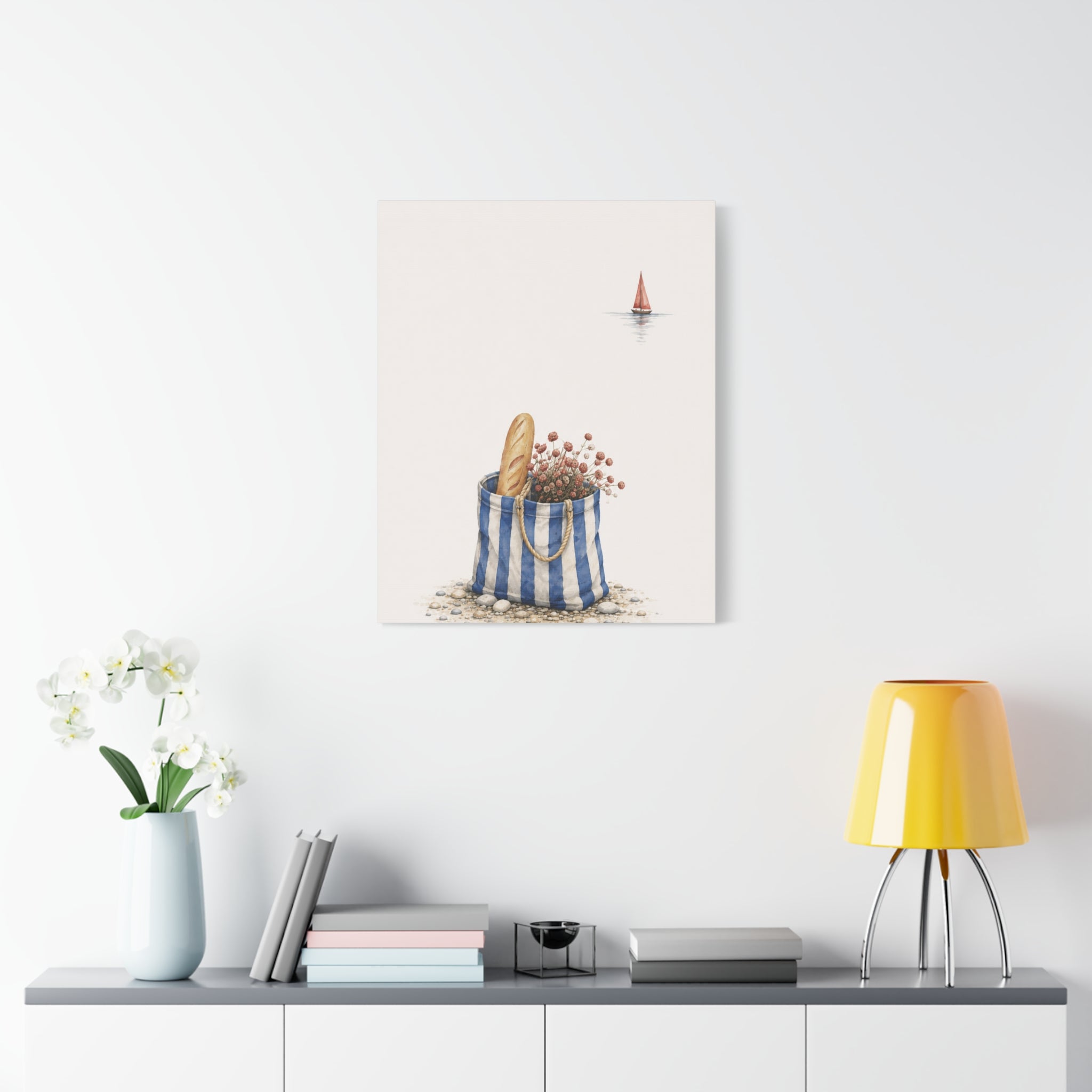 Market Bag by the Sea Canvas Print – Blue & Salt Mediterranean Kitchen Wall Art | Solen