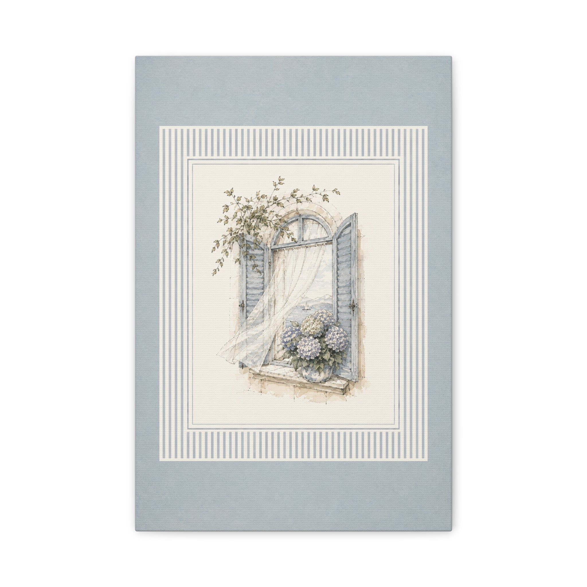 French Window Wall Art Canvas, Vintage Botanical Print, Blue Shutters Hydrangea Decor, Coastal Cottage Watercolor Art, Solen