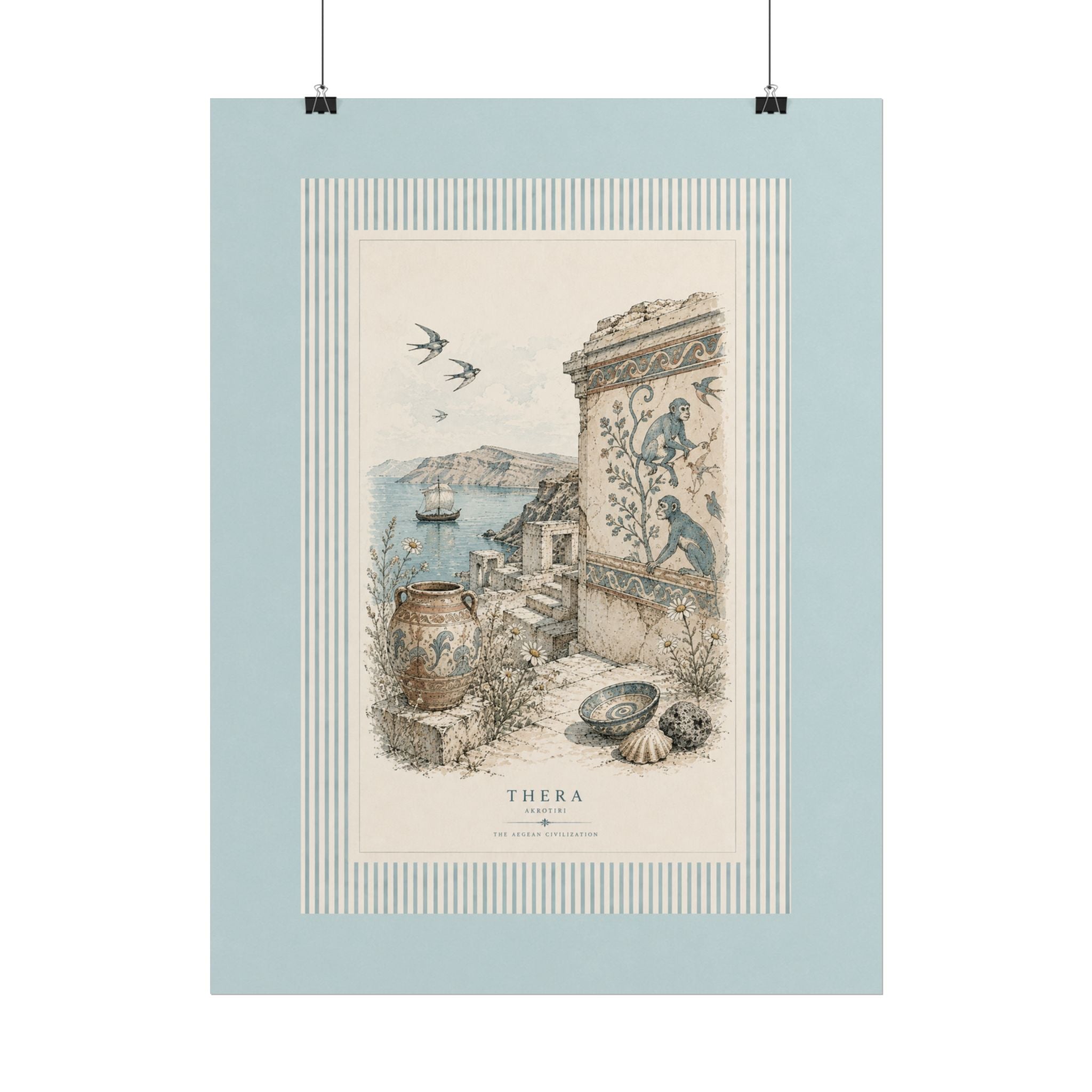 Thera Aegean Fresco Rolled Poster | Ancient Minoan Monkey & Ruins Illustration | Coastal Blue Home Decor, Solen