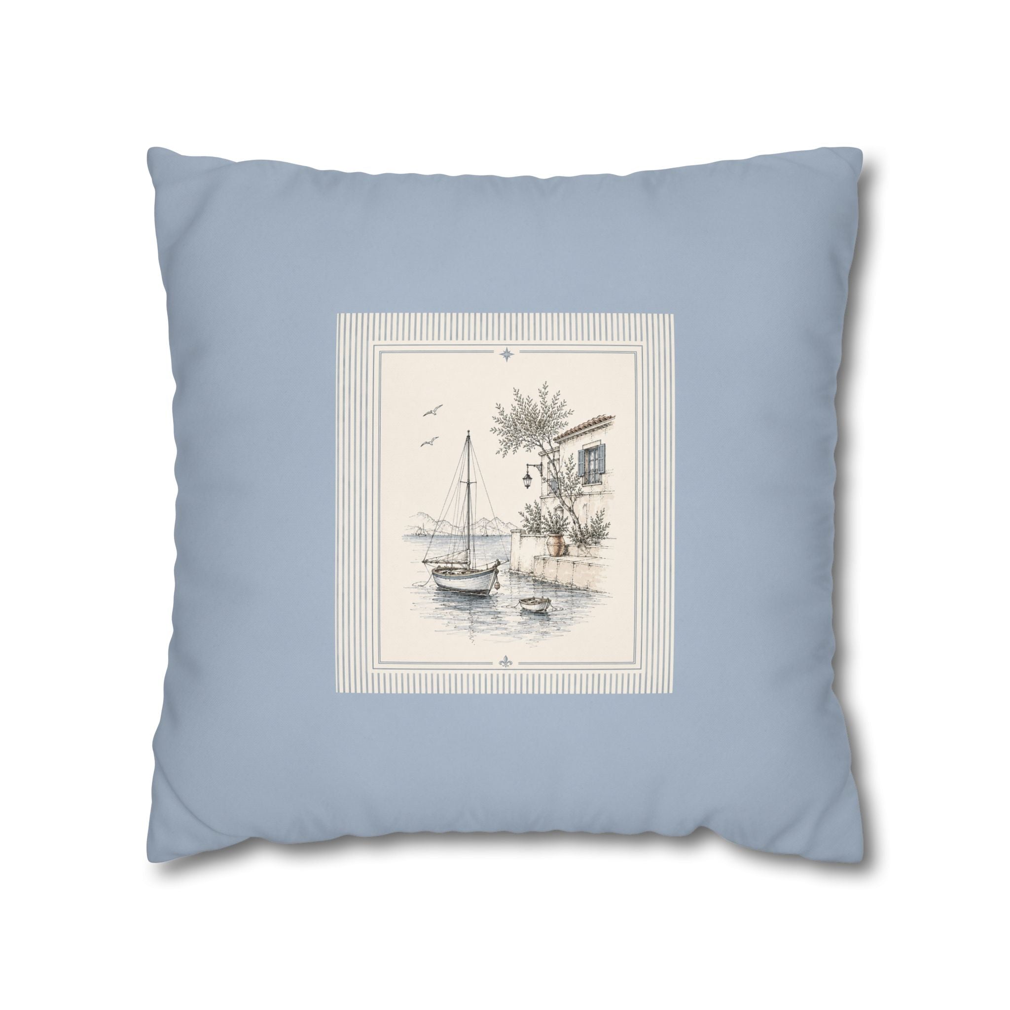 Coastal Sailboat Square Pillowcase, Blue Nautical Harbor Print Cushion, Beach House Sofa Decor, Square Throw Pillow, Solen