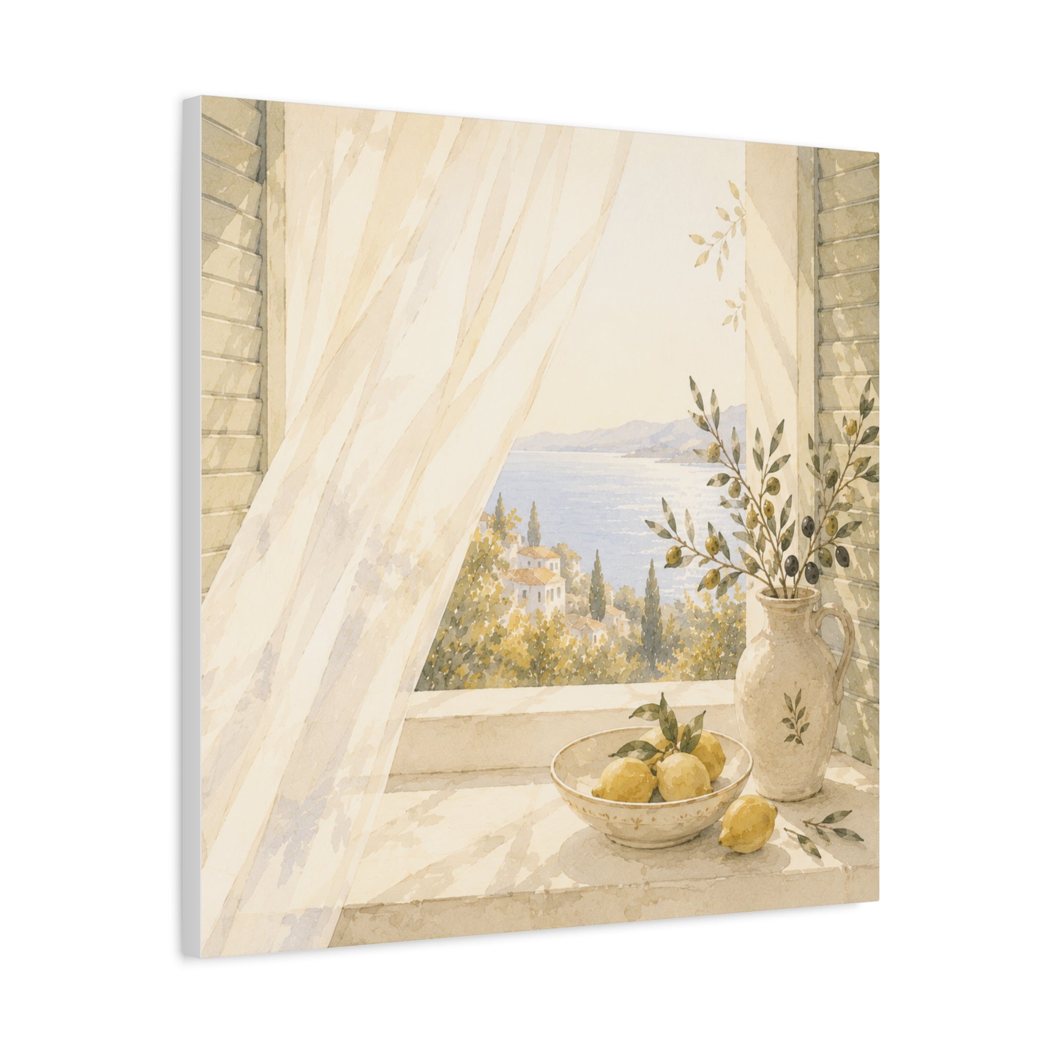Golden Morning Window Canvas Wall Art, Mediterranean Lemon & Olive Print, Sunlit Linen Curtain Coastal Decor, Window Stories, Solen