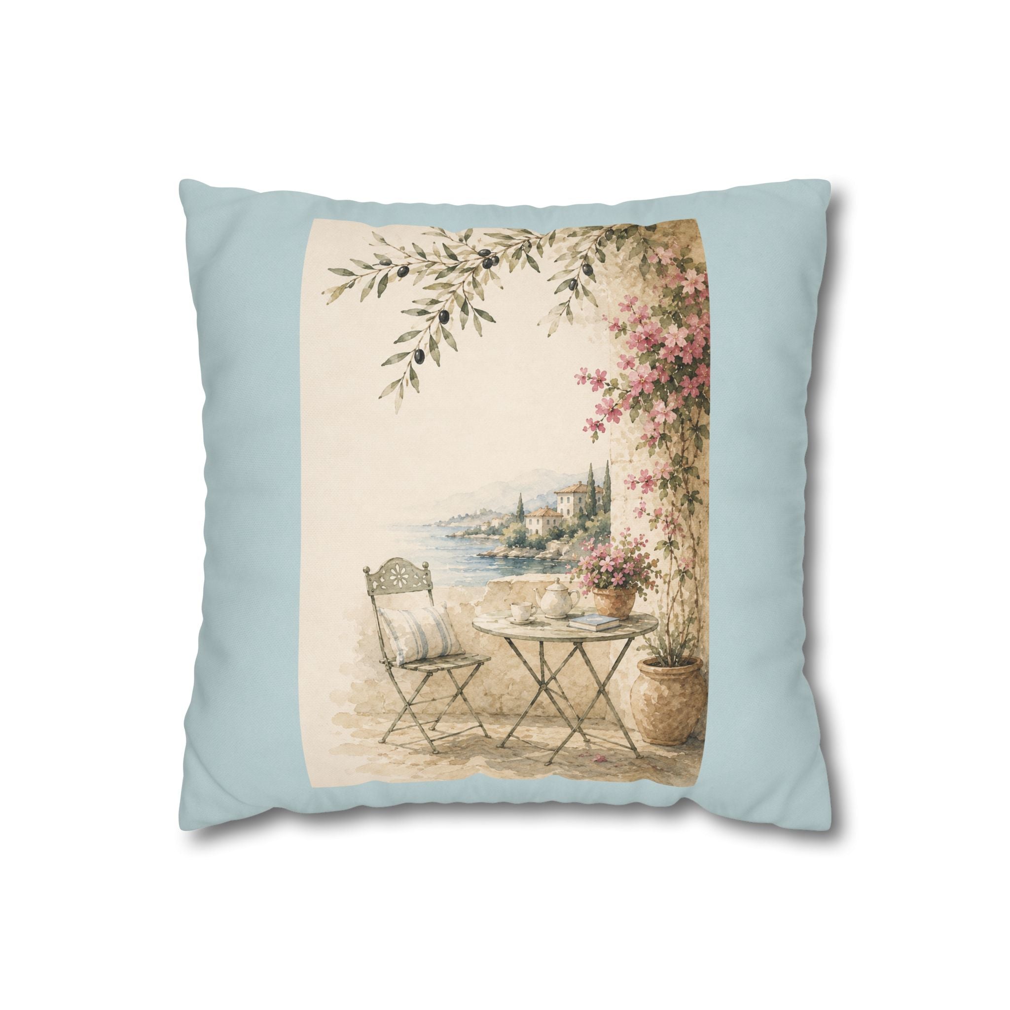 Riviera Terrace Throw Pillow Cover, Mediterranean Coastal Cushion, Vintage Watercolor Seaside Decor, Olive Branch Accent Pillow, Solen