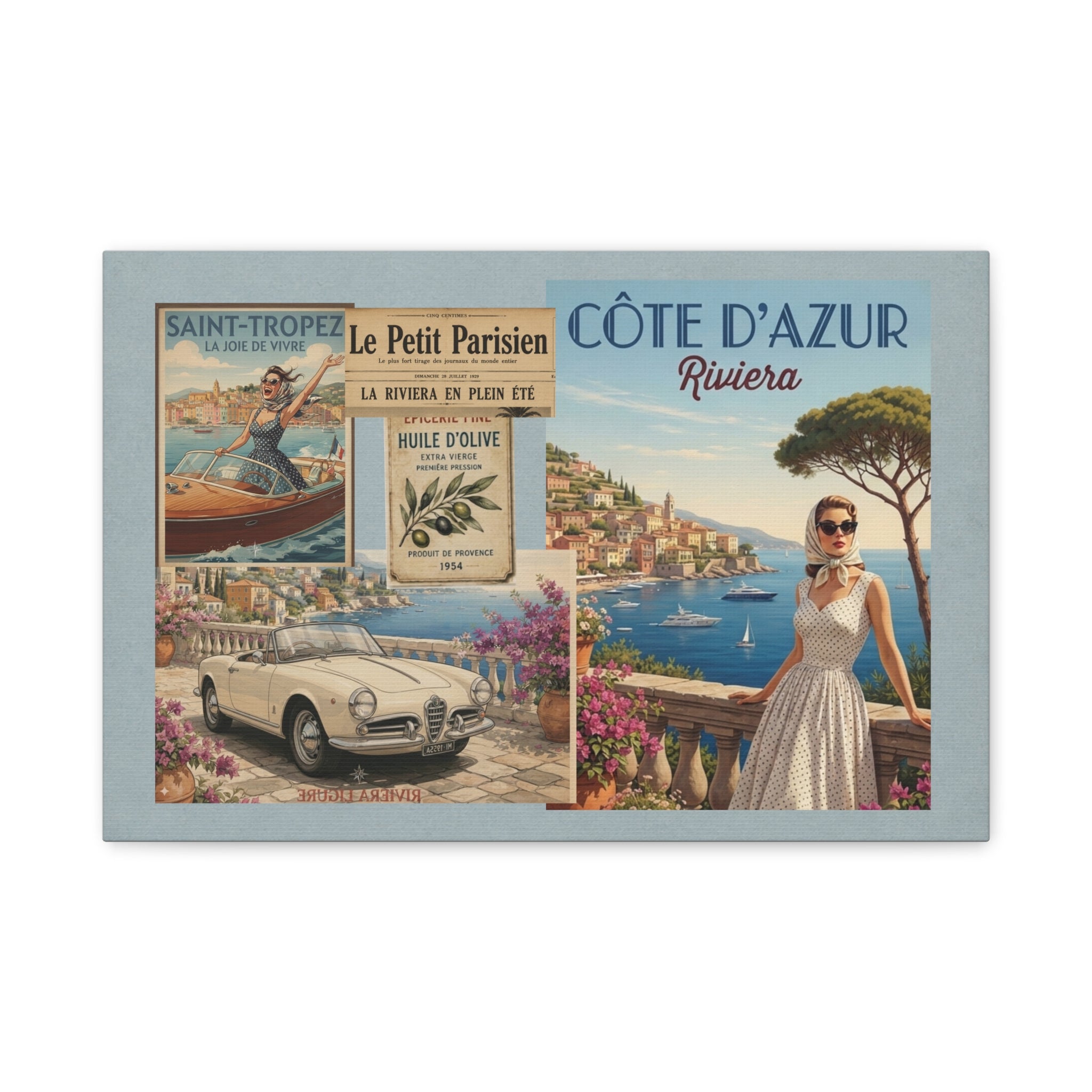 Côte d'Azur Canvas Print, Vintage French Riviera Wall Art, Retro Newspaper & Classic Car Collage, Provence Decor, Solen