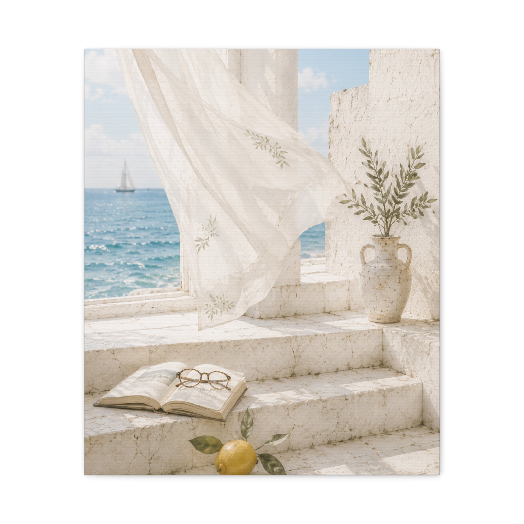 Mediterranean Coastal Wall Art, Seaside Summer Print, Blue Ocean & Lemon Art, Mediterranean Home Decor, Coastal Wall Decor, Solen