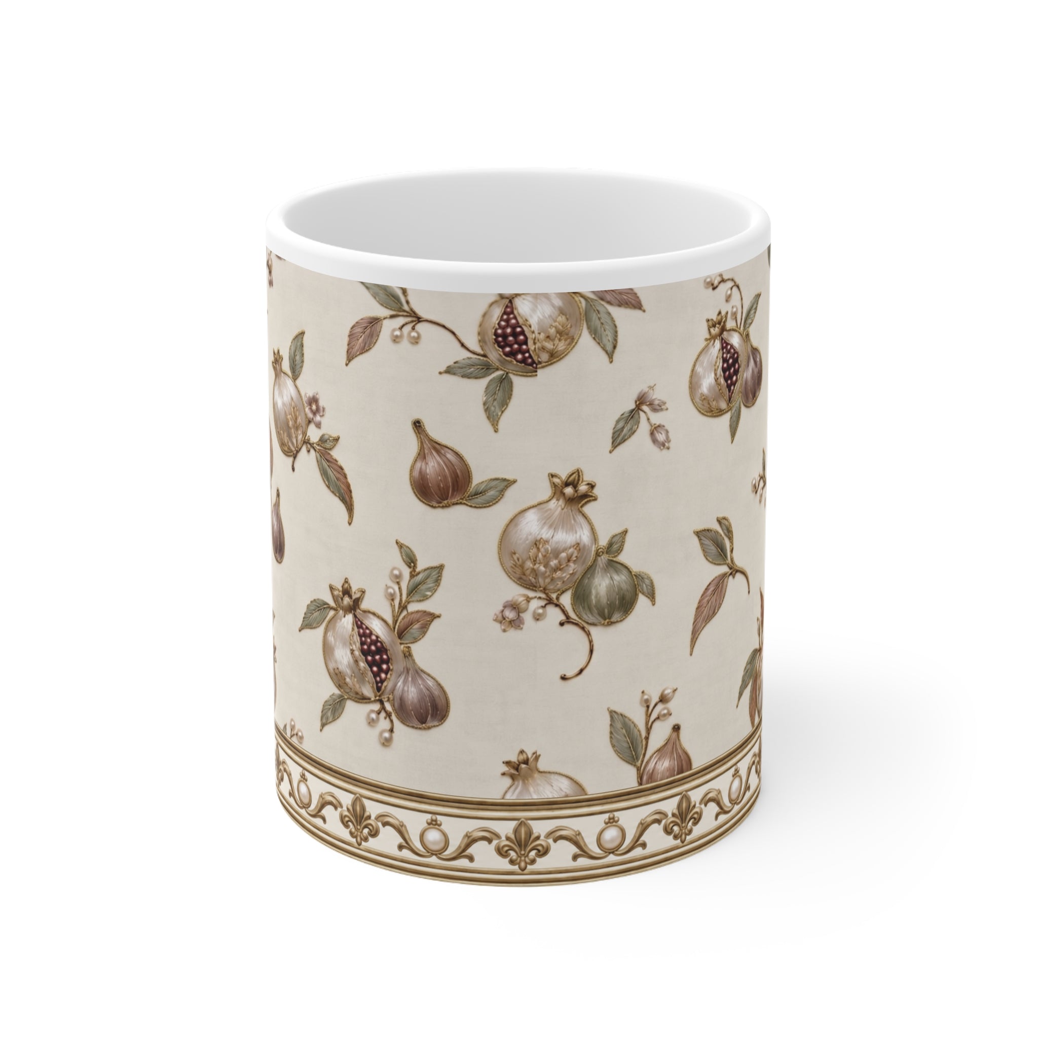 Pomegranate Mug, Antique Gold Botanical Coffee Cup, Elegant Mediterranean Fall Mug, Thanksgiving Gift, Neutral Kitchen Decor
