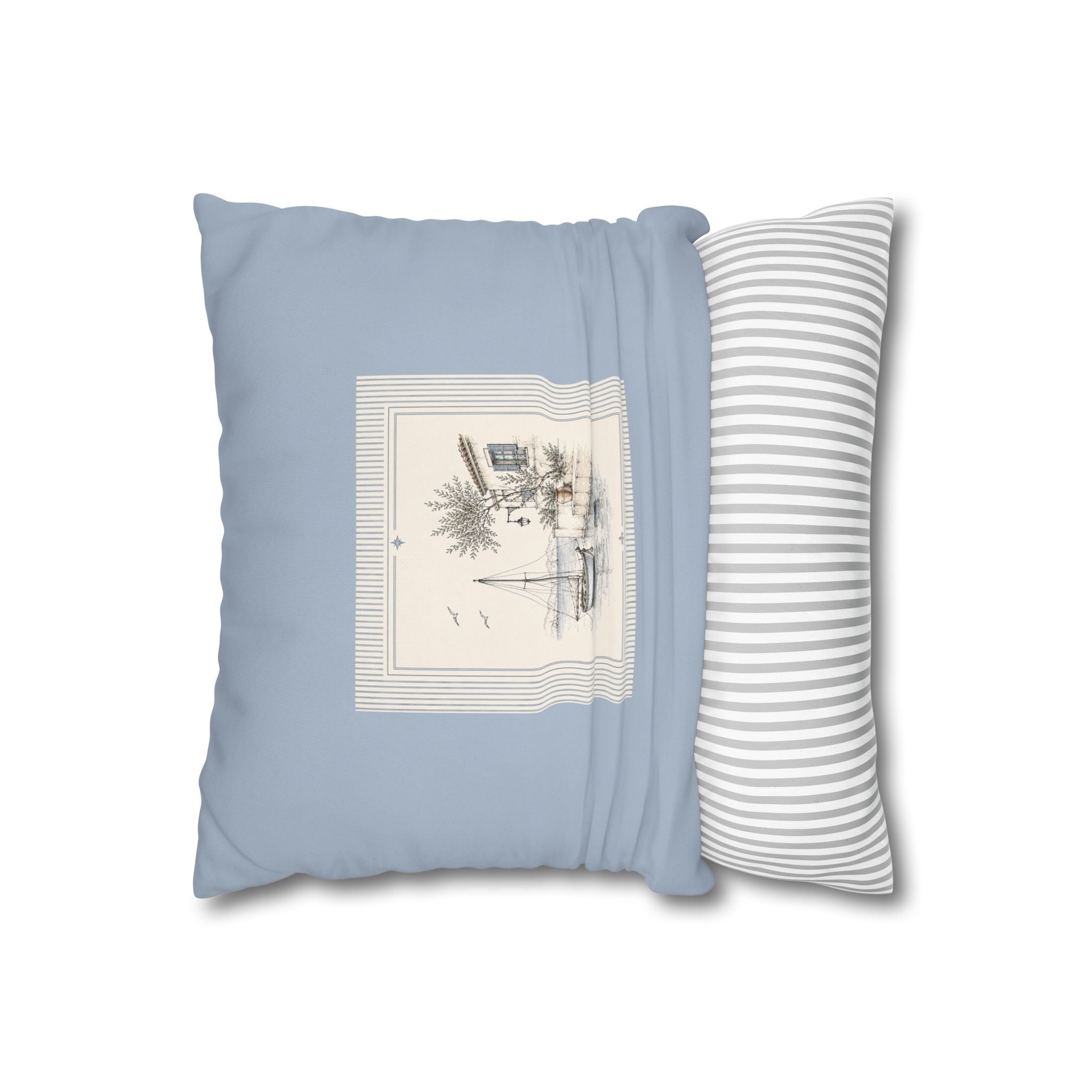 Coastal Sailboat Square Pillowcase, Blue Nautical Harbor Print Cushion, Beach House Sofa Decor, Square Throw Pillow, Solen