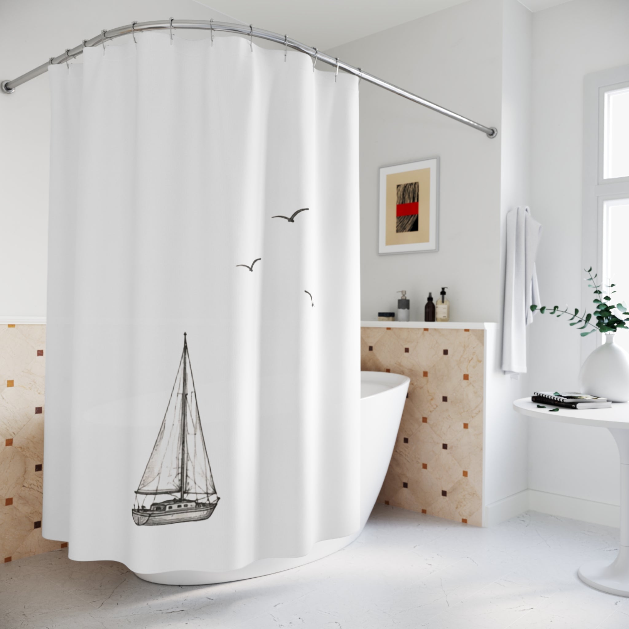 Mediterranean Coastal Bathroom Decor – Nautical Watercolor Bath Curtain | Solen