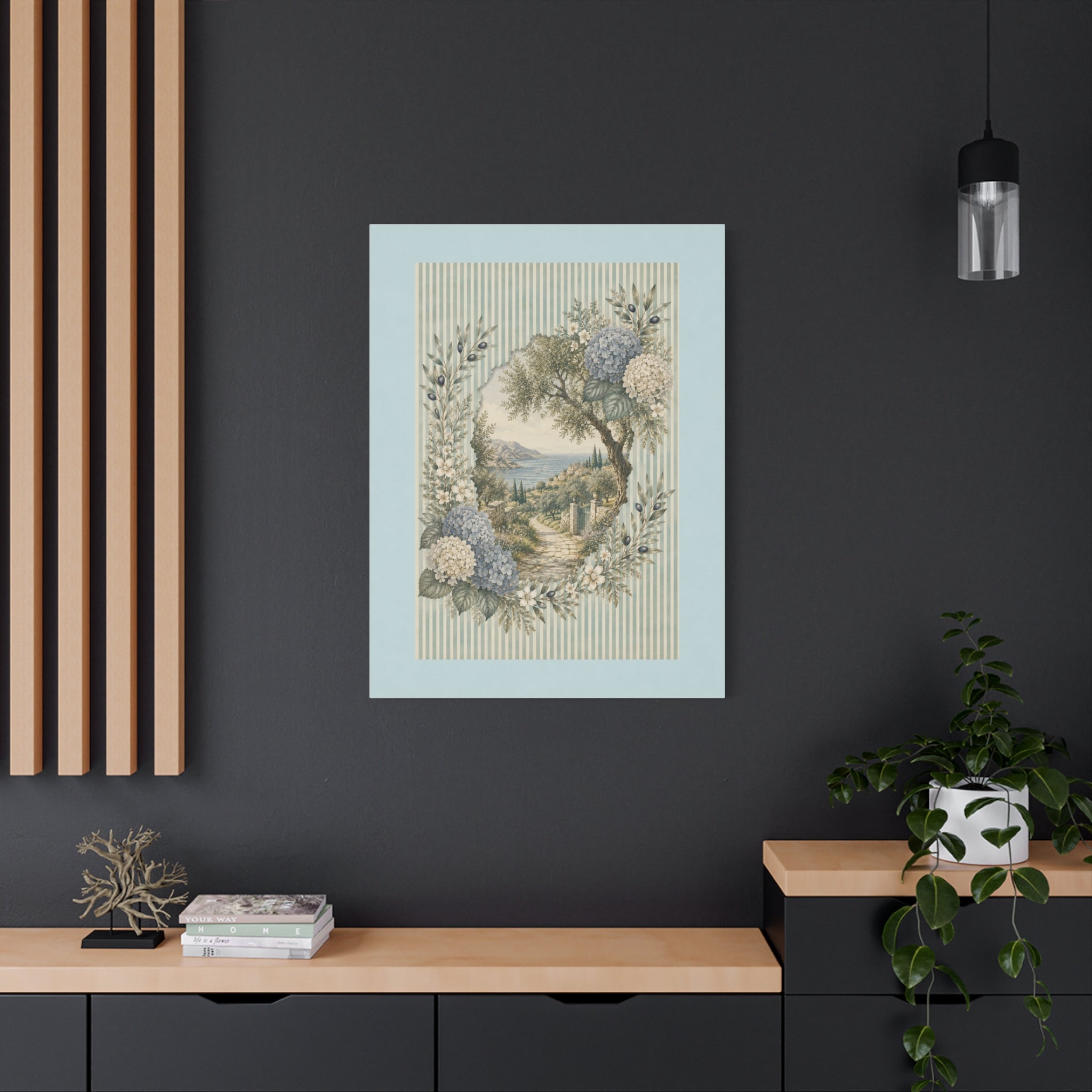 Coastal Garden Canvas Wall Art, Vintage Hydrangea Seaside Landscape Print, Blue Flower Coastal Decor, Cottage Wall Art, Solen