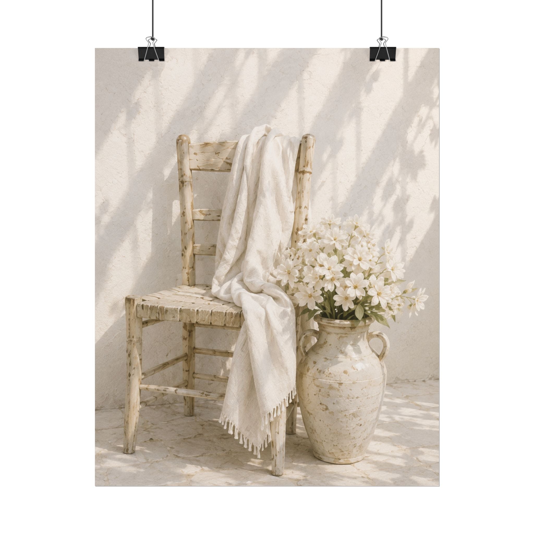 Mediterranean Poster, Neutral Coastal Wall Art, Rustic Chair & White Flowers Print, Minimalist Mediterranean Home Decor, Solen
