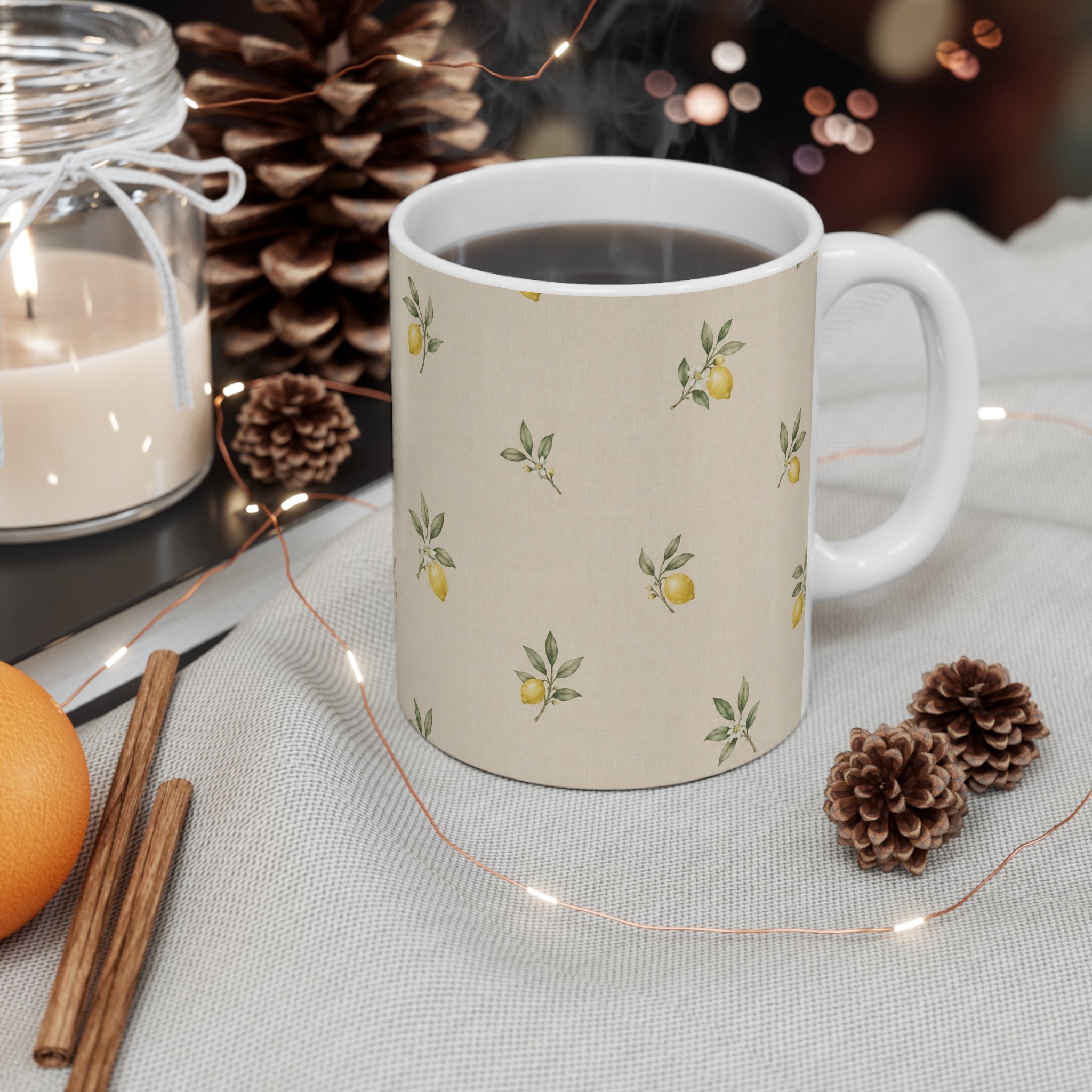 Lemon Ceramic Mug, Mediterranean Kitchen Mug, Watercolor Lemon Coffee Cup, Beige Botanical Mug, Summer Kitchen Decor, Gift for Her
