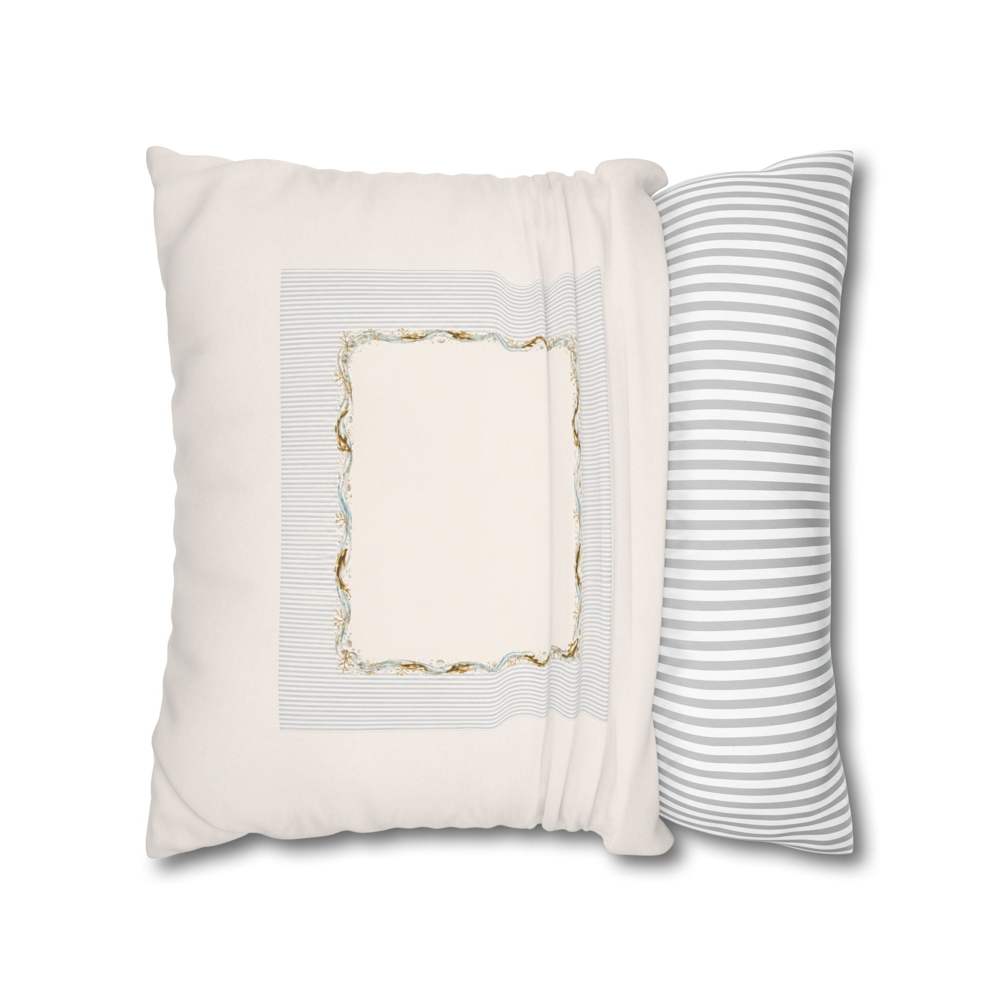 Embroidered Scalloped Edge Throw Pillow Cover, Blue & Gold Trim Decorative Cushion, French Country Farmhouse Home Decor, Square Pillow