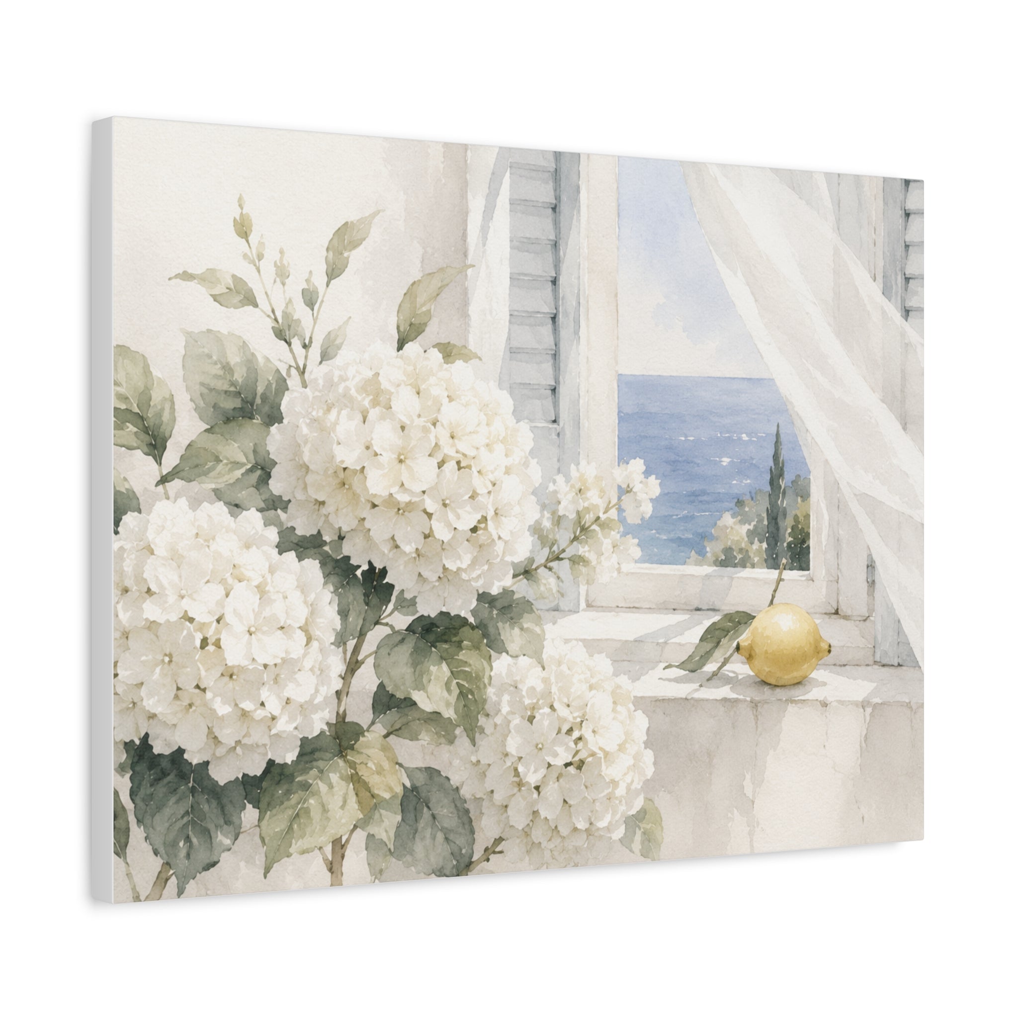 White Summer Window Canvas Wall Art, Hydrangea & Sea Watercolor Print, Coastal Cottage Bedroom Decor, Blue Seaside Art, Solen
