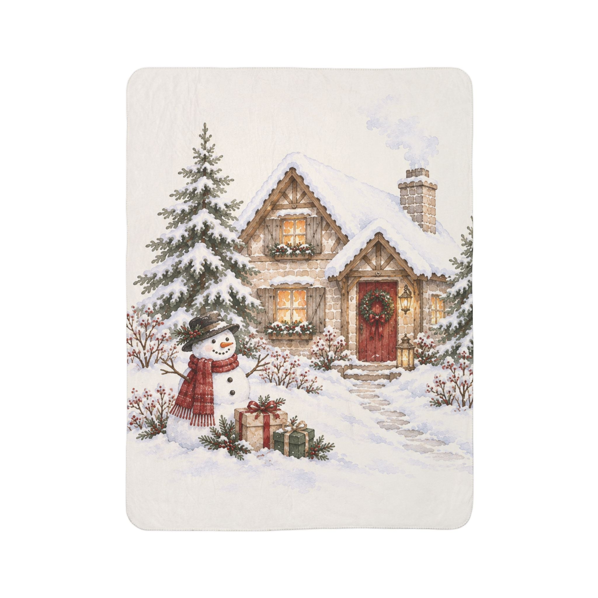 Snowy Cottage Sherpa Blanket — Cozy Christmas Cabin Throw with Snowman