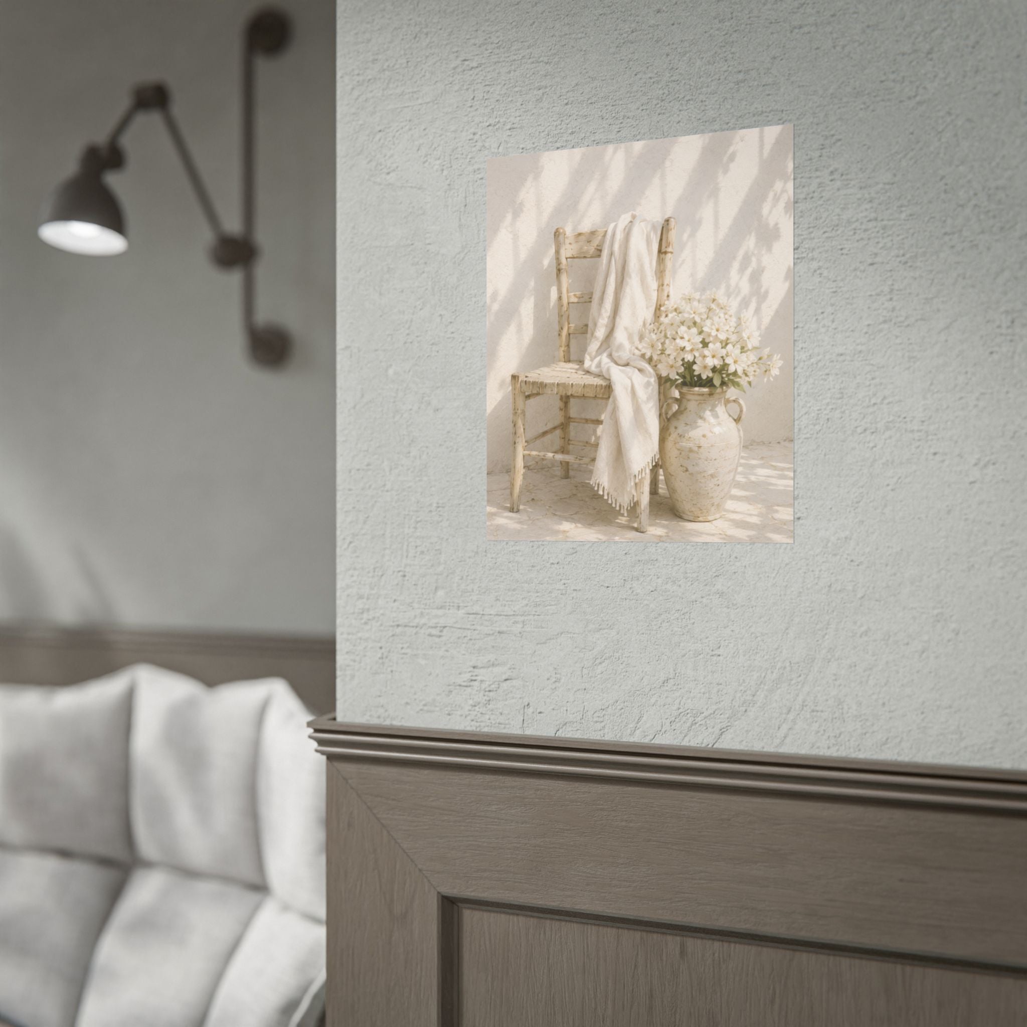 Mediterranean Poster, Neutral Coastal Wall Art, Rustic Chair & White Flowers Print, Minimalist Mediterranean Home Decor, Solen
