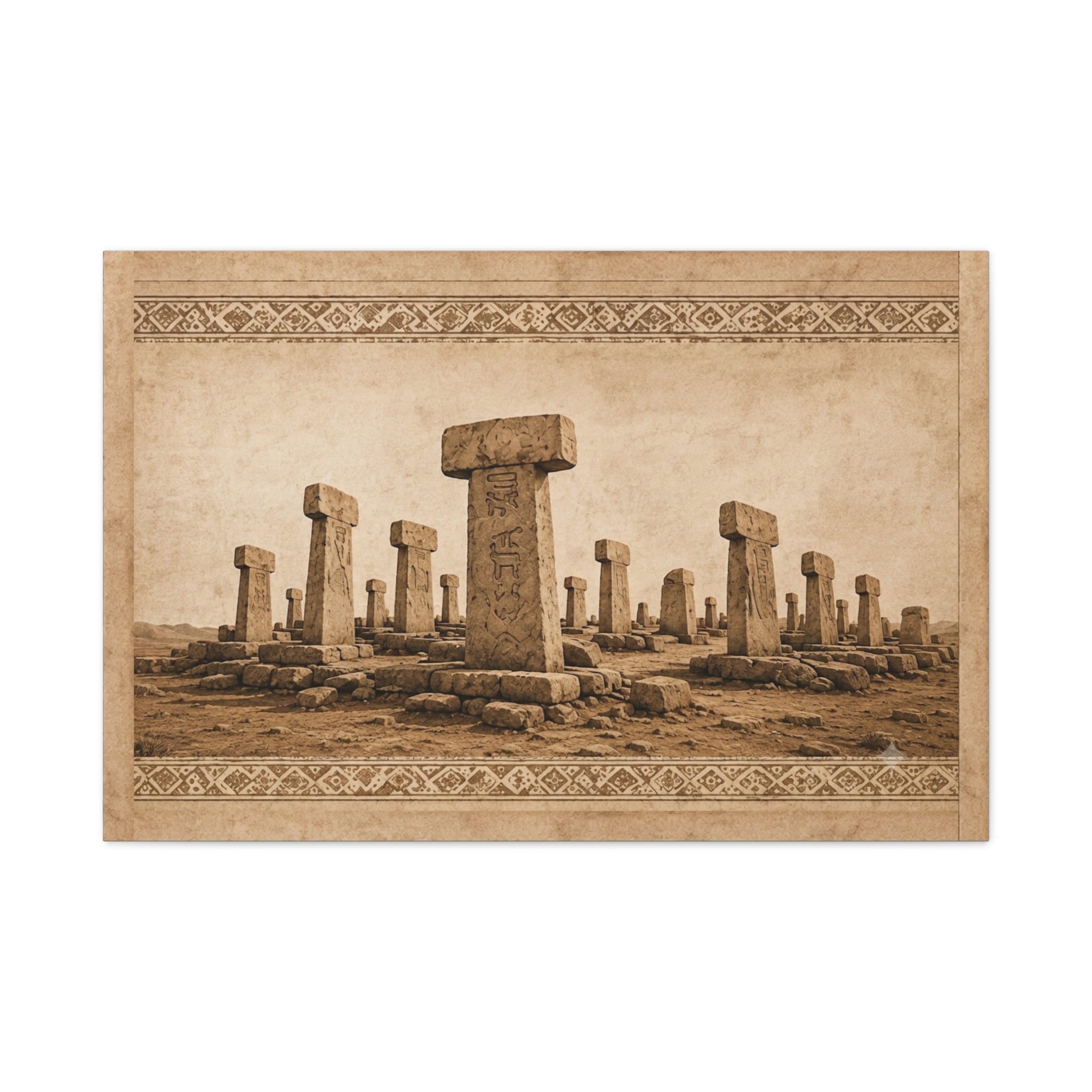 Göbeklitepe Wall Art Canvas, Ancient Stone Pillars Print, Sepia Archaeological Landscape, Anatolian Border Design, Large Wall Decor, Solen