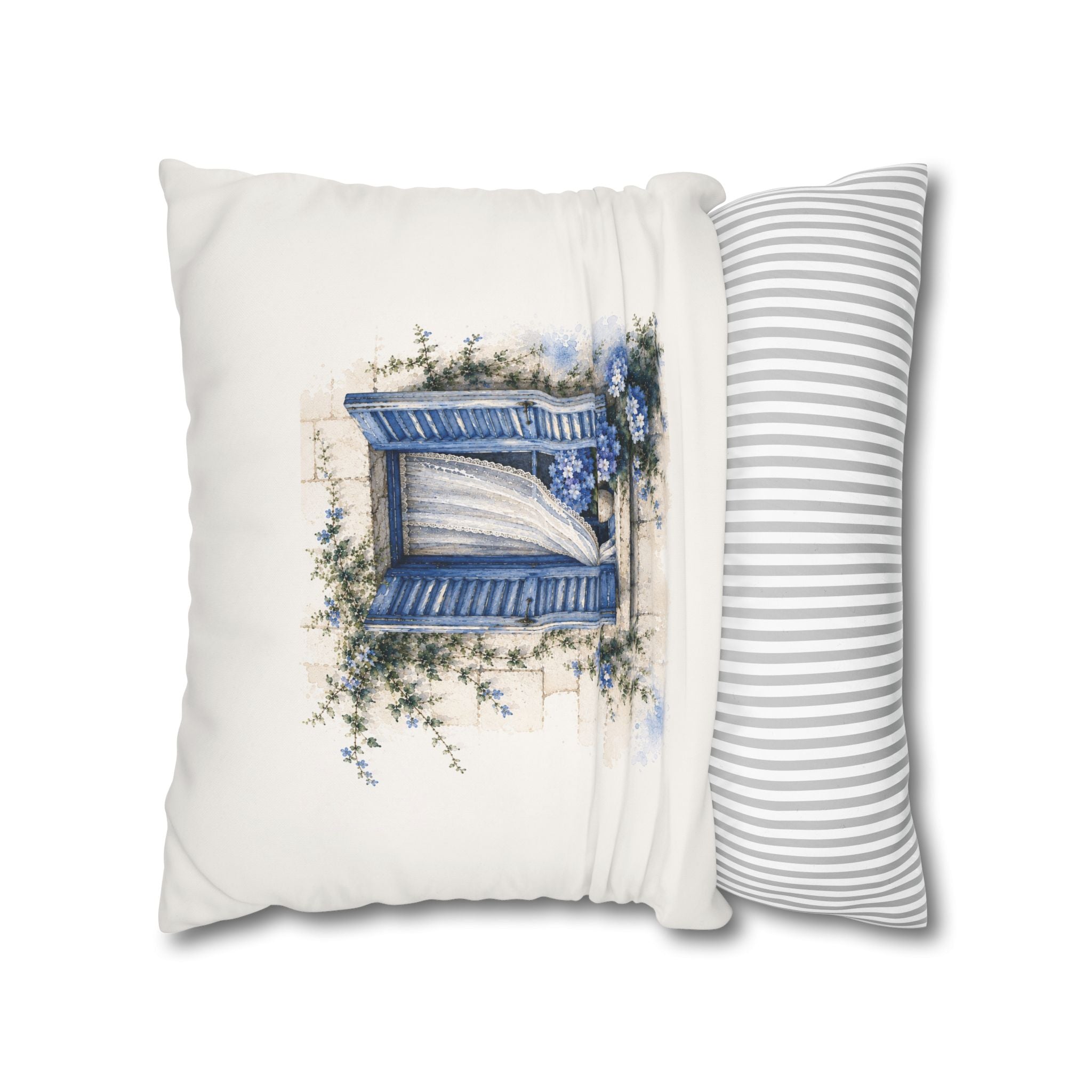 Blue Shutter Window Hydrangea Pillowcase, Coastal Watercolor Cushion Cover, Mediterranean Sofa Decor, Square Pillow, Solen