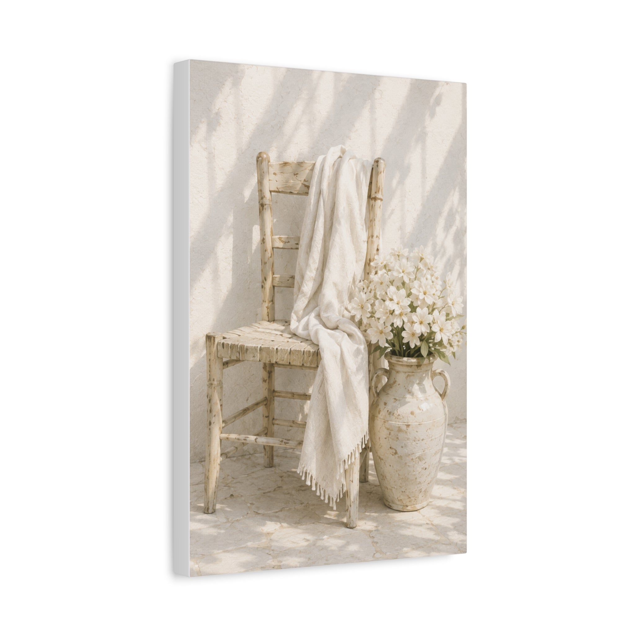 Neutral Cottage Chair Canvas Print, Rustic Chair with Vase Wall Art, Minimalist Mediterranean Decor, Beige Cottage Art, Solen