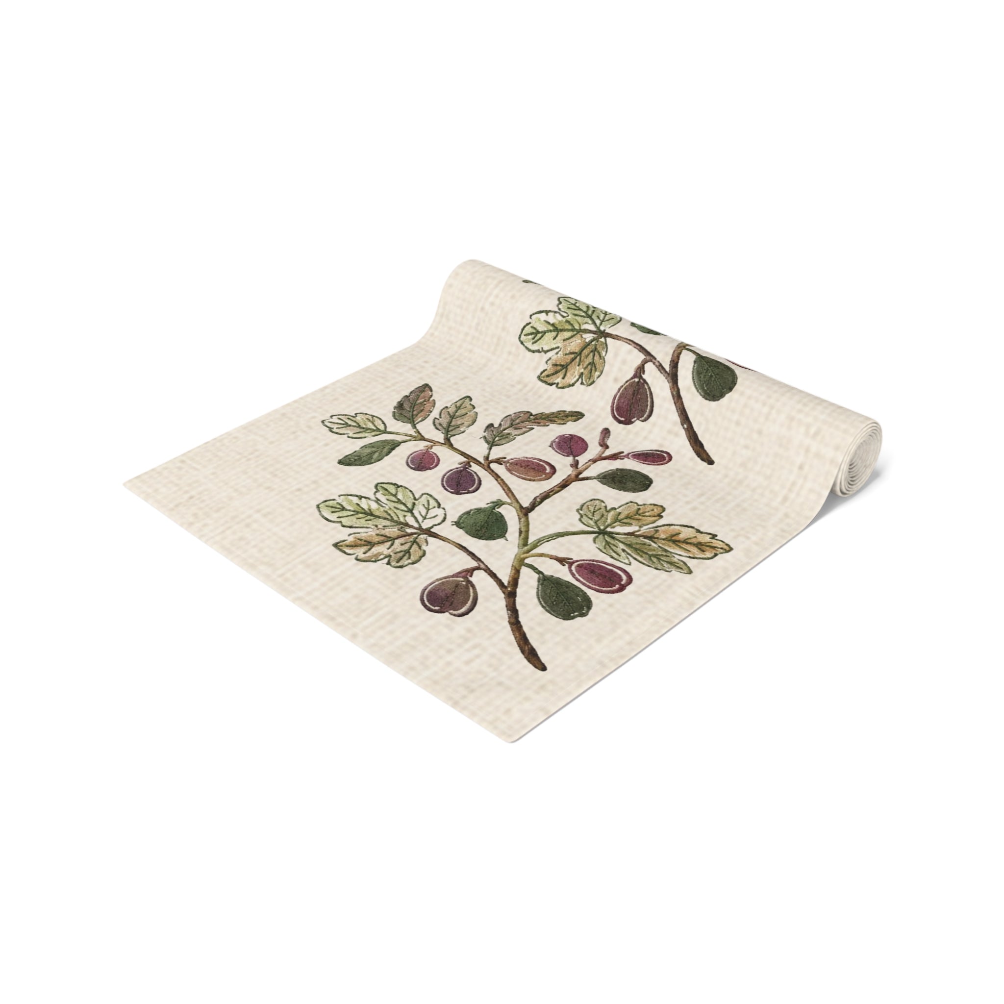 Fig Branch Botanical Table Runner, Cotton Mediterranean Runner, Neutral Fig Tree Kitchen Decor, Rustic Dining Linen, Solen