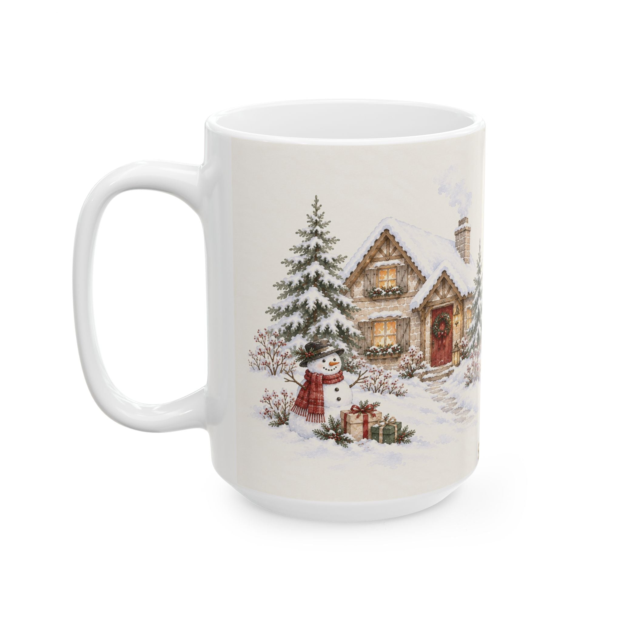 Winter Cottage Ceramic Mug – Cozy Snowy Cabin Coffee Cup (11oz & 15oz)