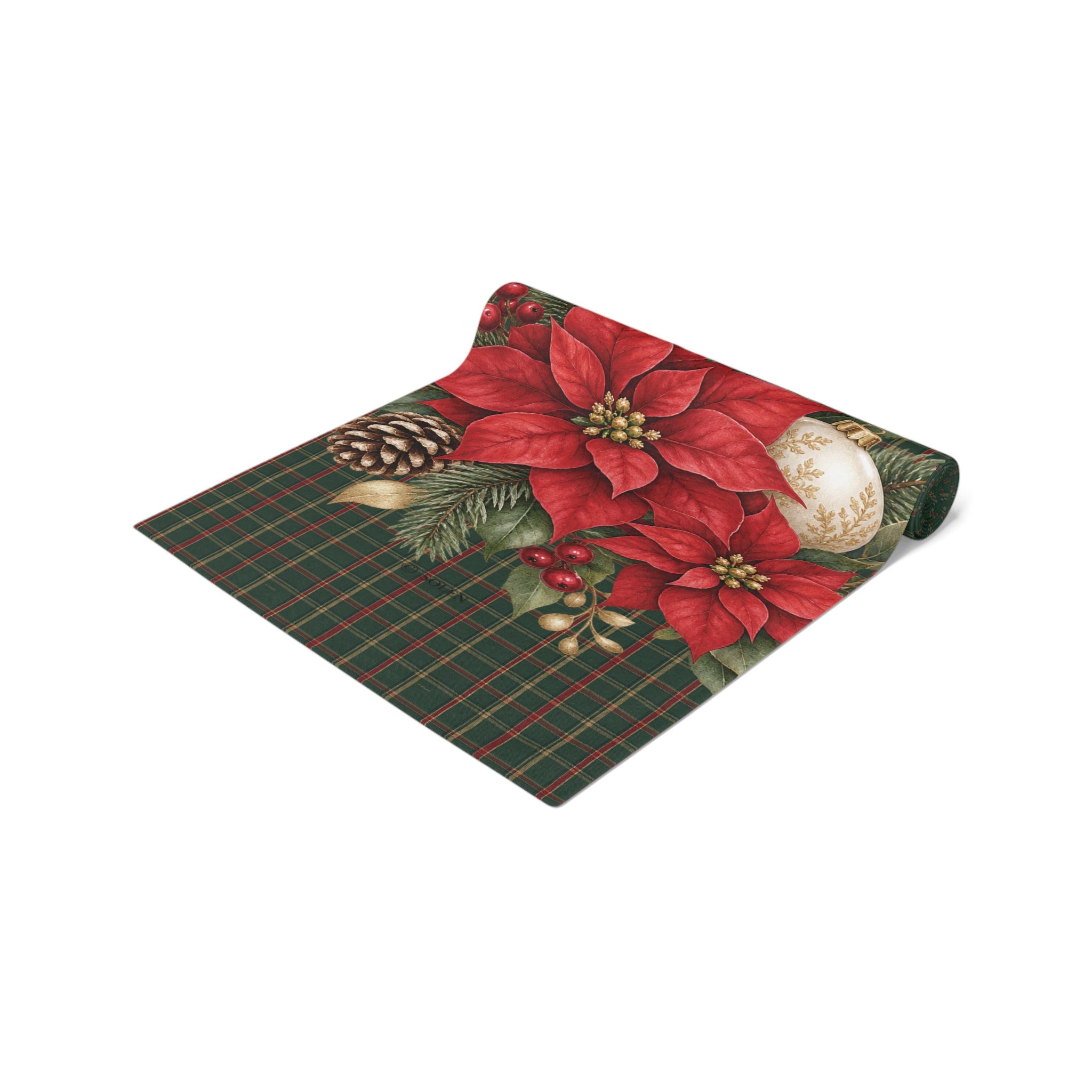 Christmas Poinsettia Plaid Table Runner