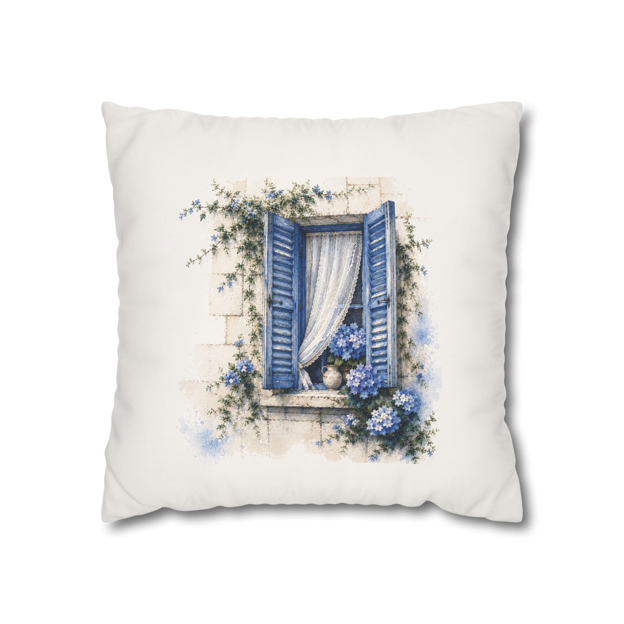 Blue Shutter Window Hydrangea Pillowcase, Coastal Watercolor Cushion Cover, Mediterranean Sofa Decor, Square Pillow, Solen