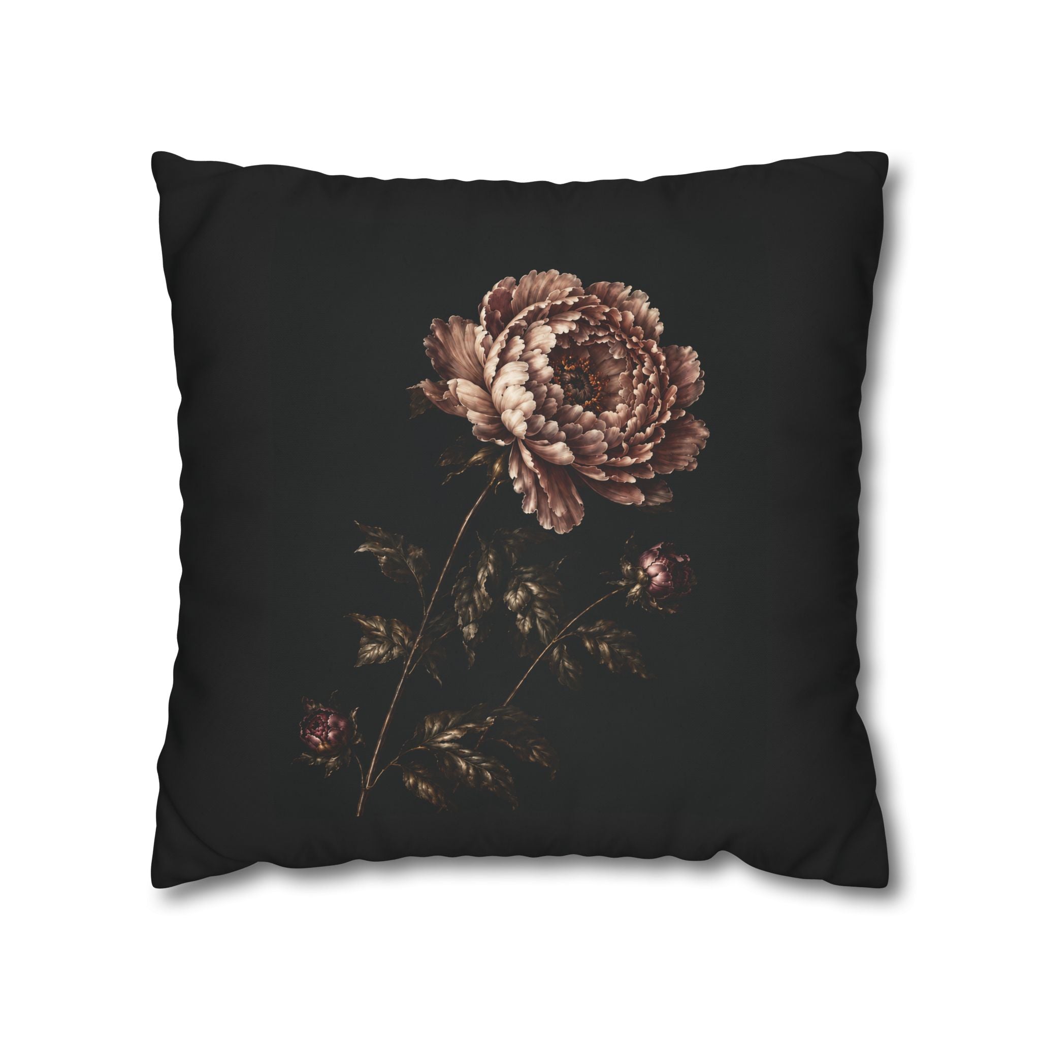 Blush Peony Throw Pillow Cover, Velvet Botanical Print on Black, Romantic Dark Floral Cushion, Moody Decorative Pillow, Solen