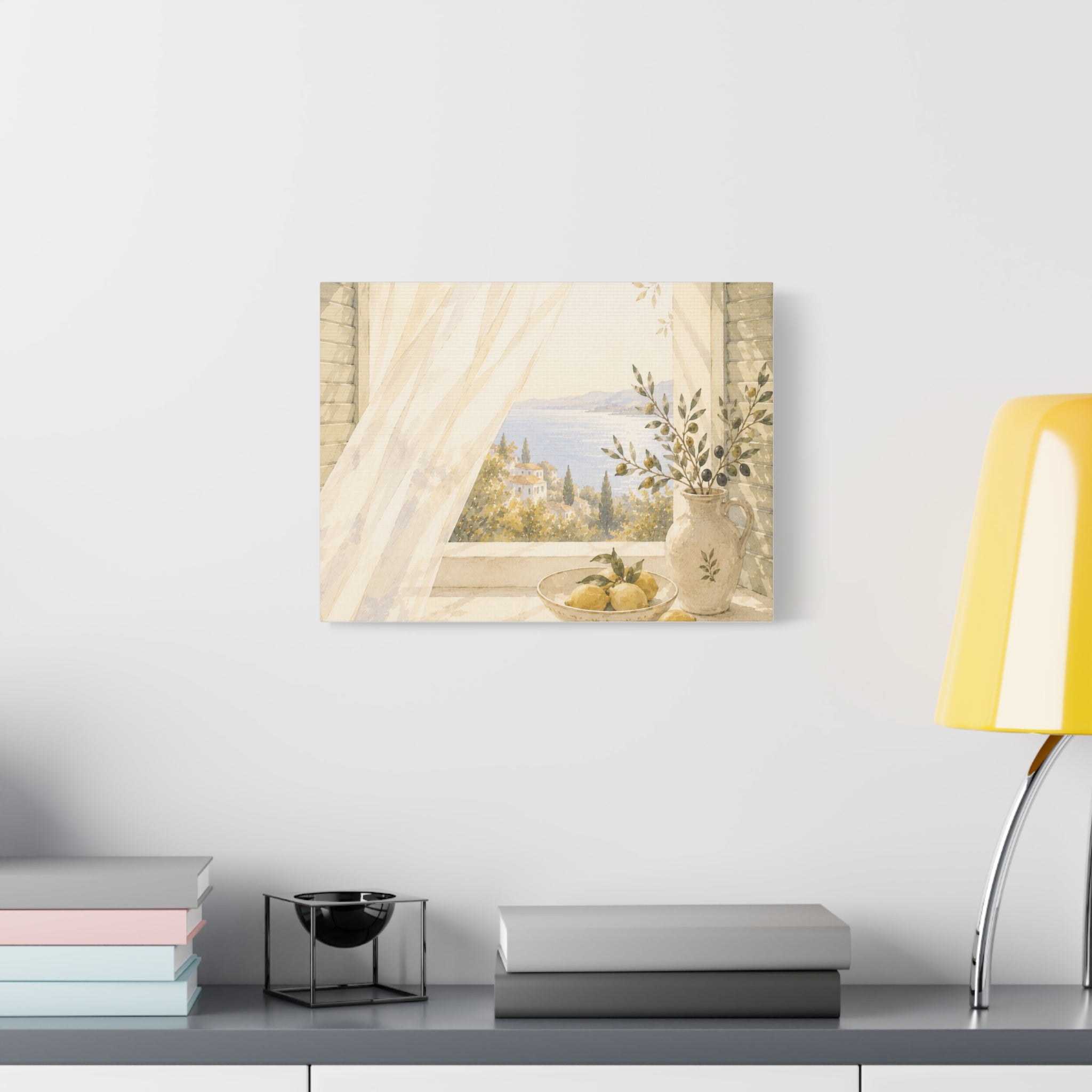 Golden Morning Window Canvas Wall Art, Mediterranean Lemon & Olive Print, Sunlit Linen Curtain Coastal Decor, Window Stories, Solen
