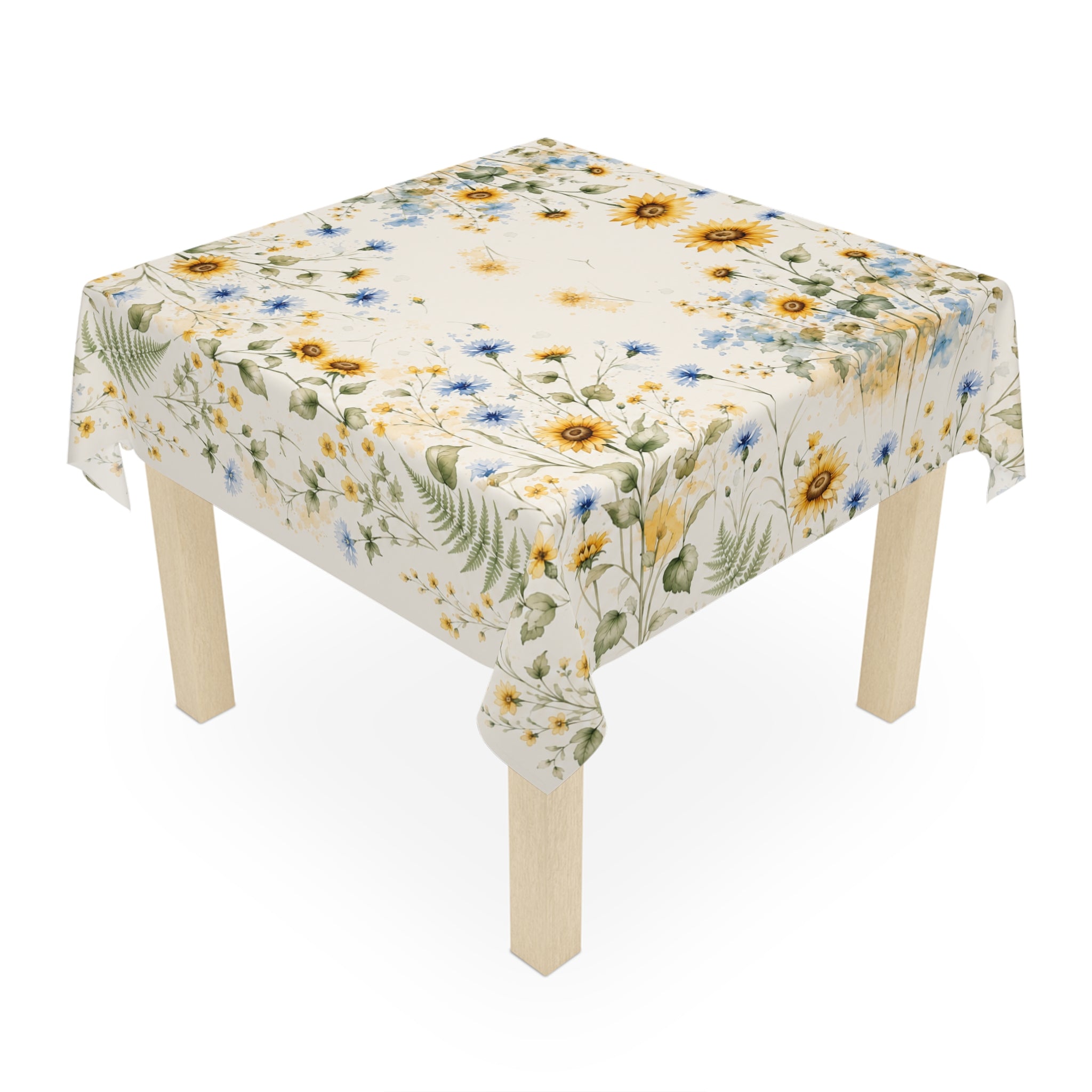Sunlit Courtyard Botanical Tablecloth | Watercolor Sunflower & Wildflower Table Cover | Cottagecore Farmhouse Dining Decor | SOLEN ART