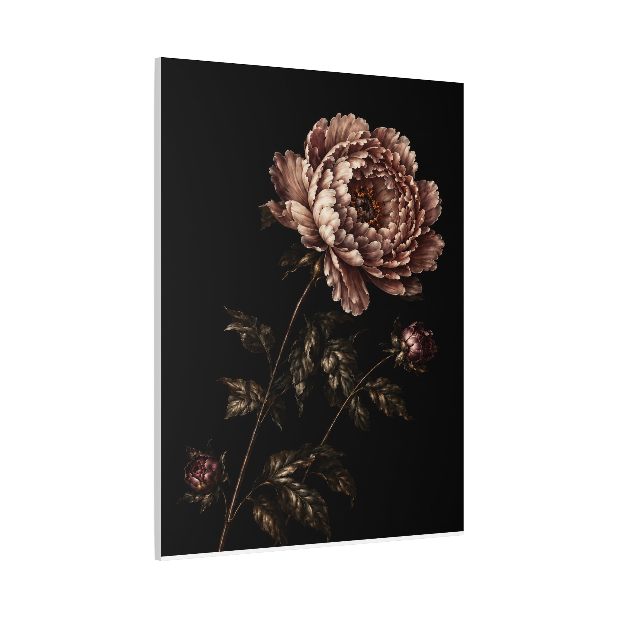 Blush Peony Canvas Wall Art, Velvet Botanical Print on Black, Romantic Floral Painting, Elegant Peony Wall Decor, Solen