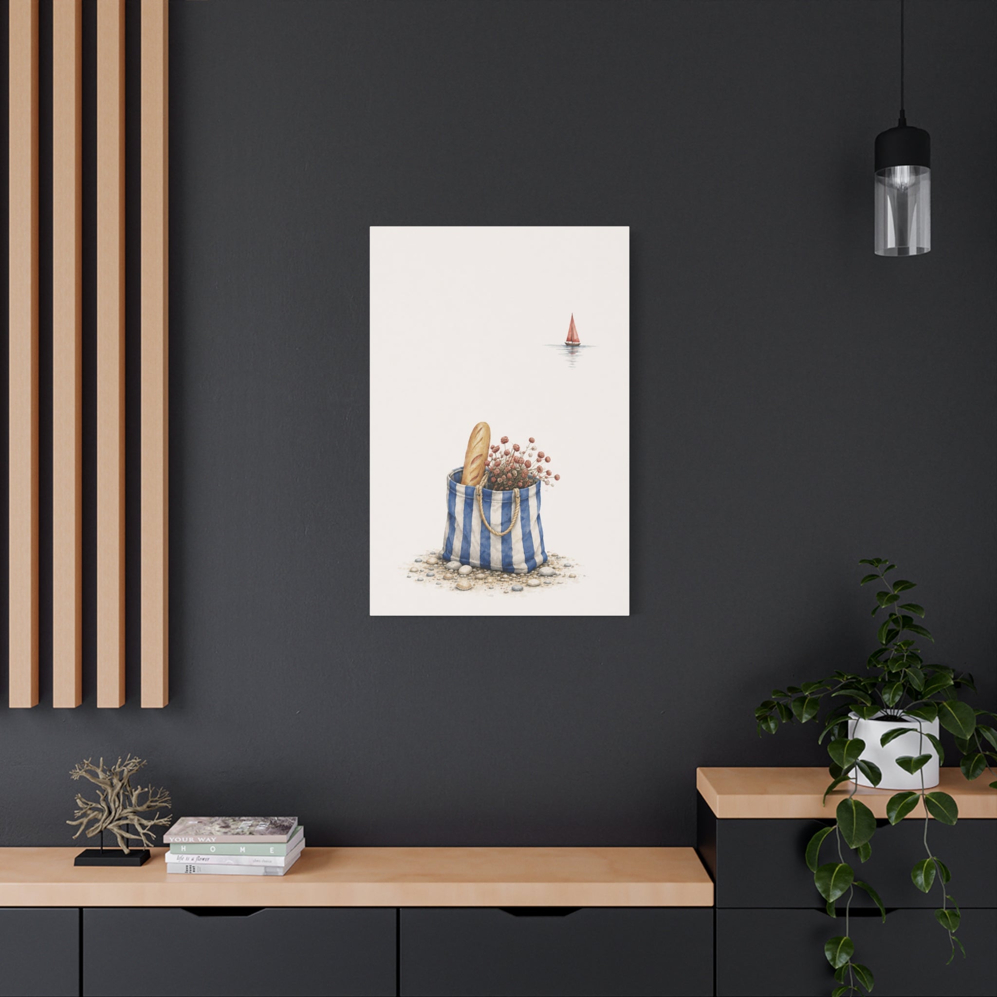 Market Bag by the Sea Canvas Print – Blue & Salt Mediterranean Kitchen Wall Art | Solen
